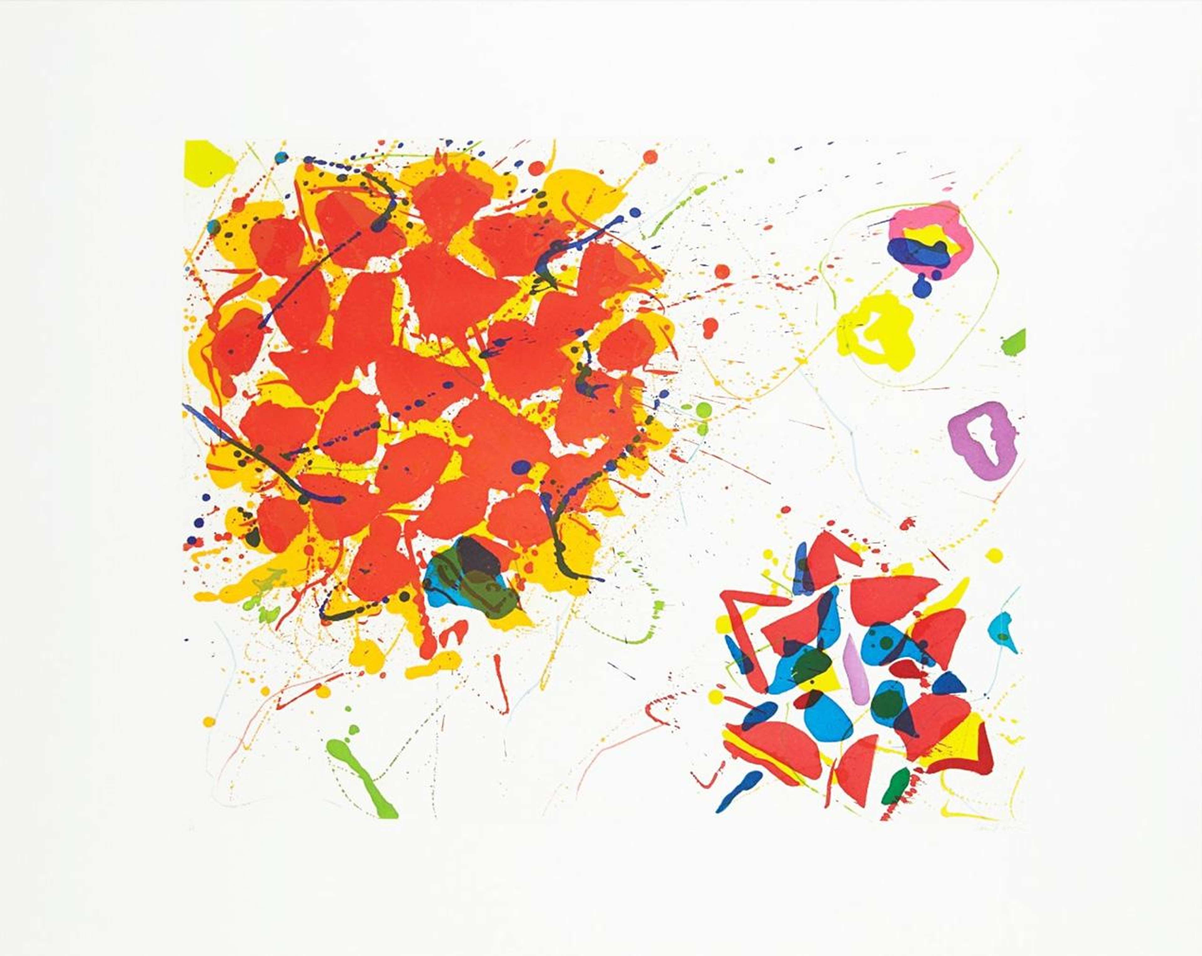 An intaglio print featuring two starburst-like shapes. One red and yellow with blue and green splatters on the left, and a smaller one on the right with blue, red, and yellow shapes. The colours overlap and mix together.