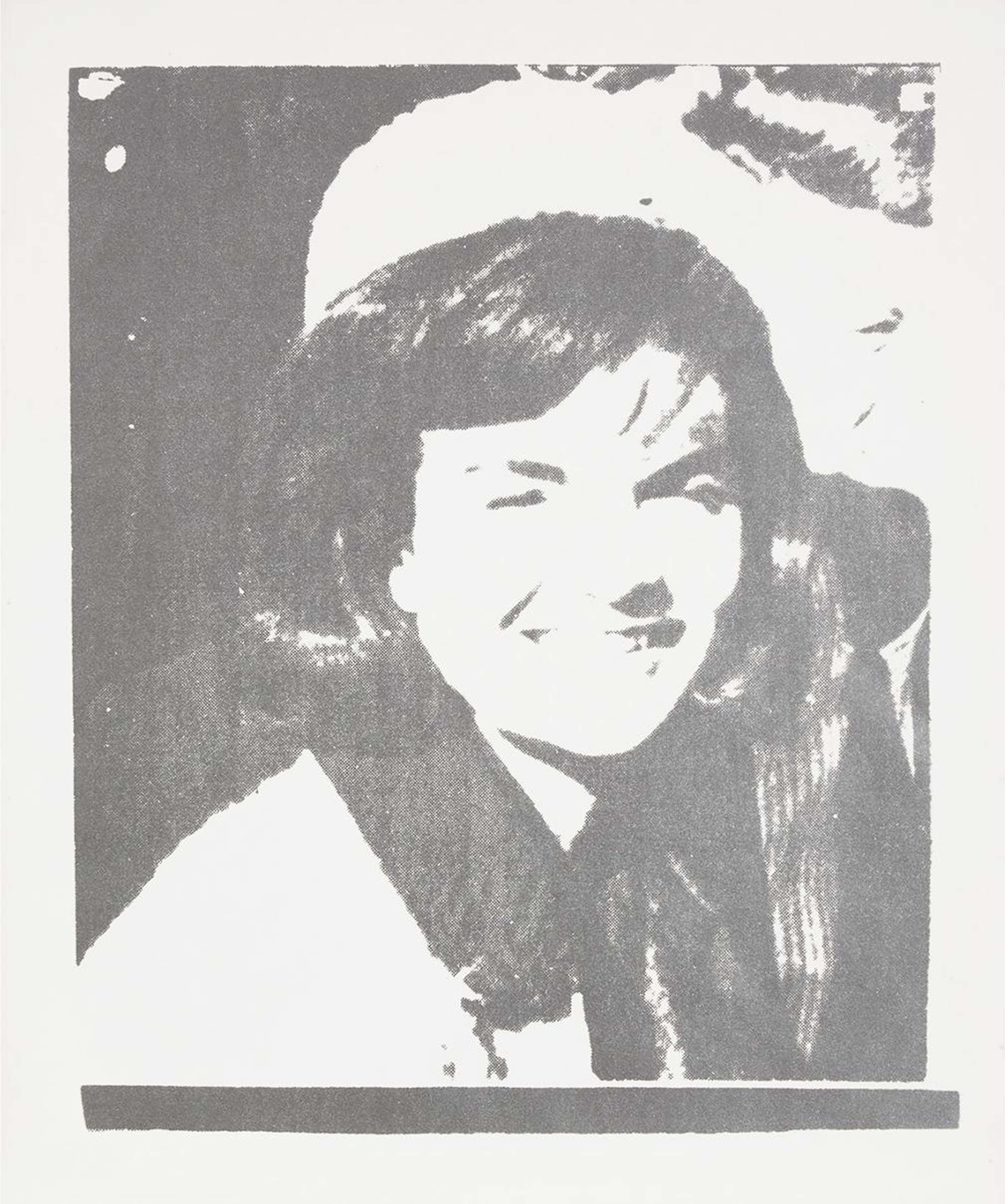 The print shows a press photograph of Jacqueline Kennedy just moments before the assassination of her husband, President John F. Kennedy. Left largely untouched by the artist, the image is in black and white with high contrast and has a grainy quality, like that of the original newspaper image.