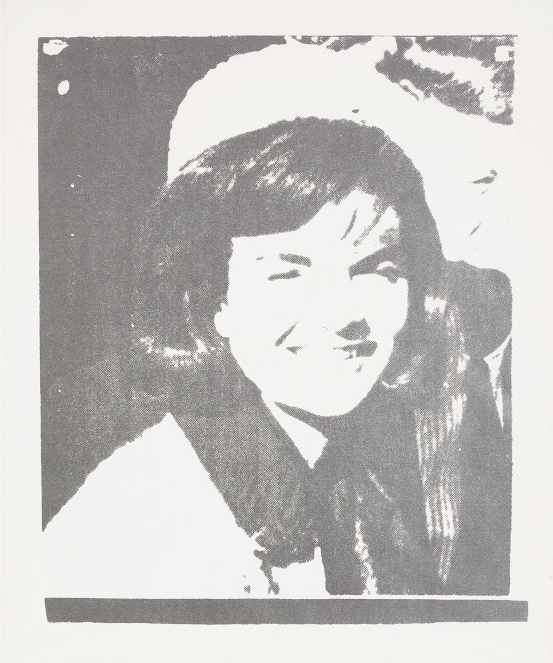 A screenprint by Andy Warhol depicting Jacqueline Kennedy in a pale suite and hat in black and white.
