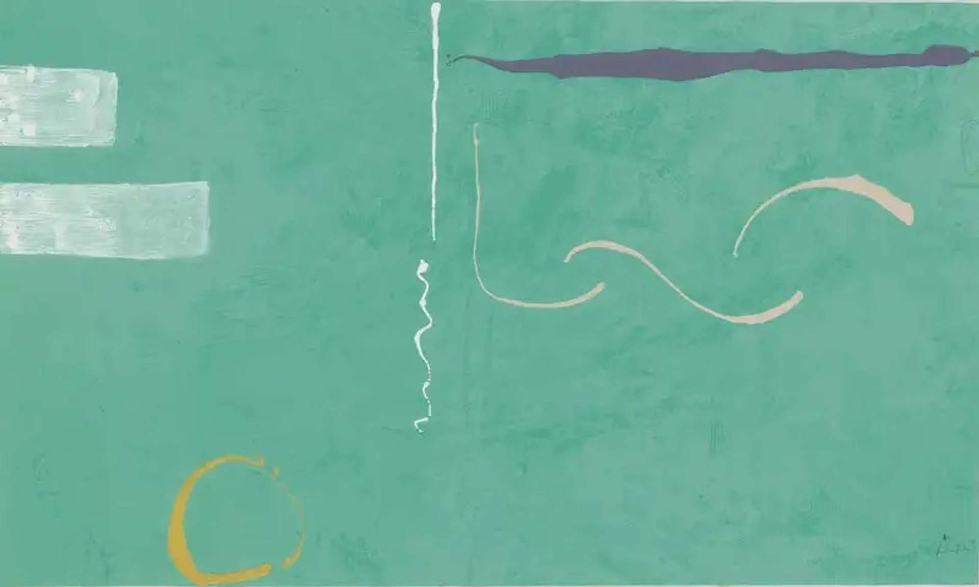 Helen Frankenthaler’s Tahiti. An abstract expressionist relief print of a green landscape with various shapes and markings. 