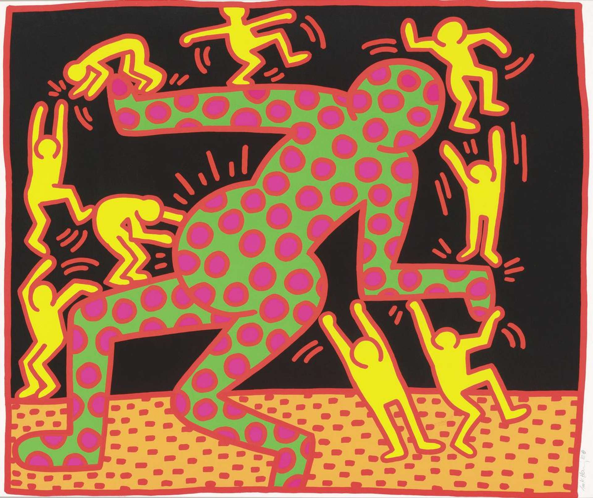 Keith Haring’s Fertility 3. A Pop Art screenprint of a green pregnant figure with pink polka dots with yellow figures jumping around and on her.