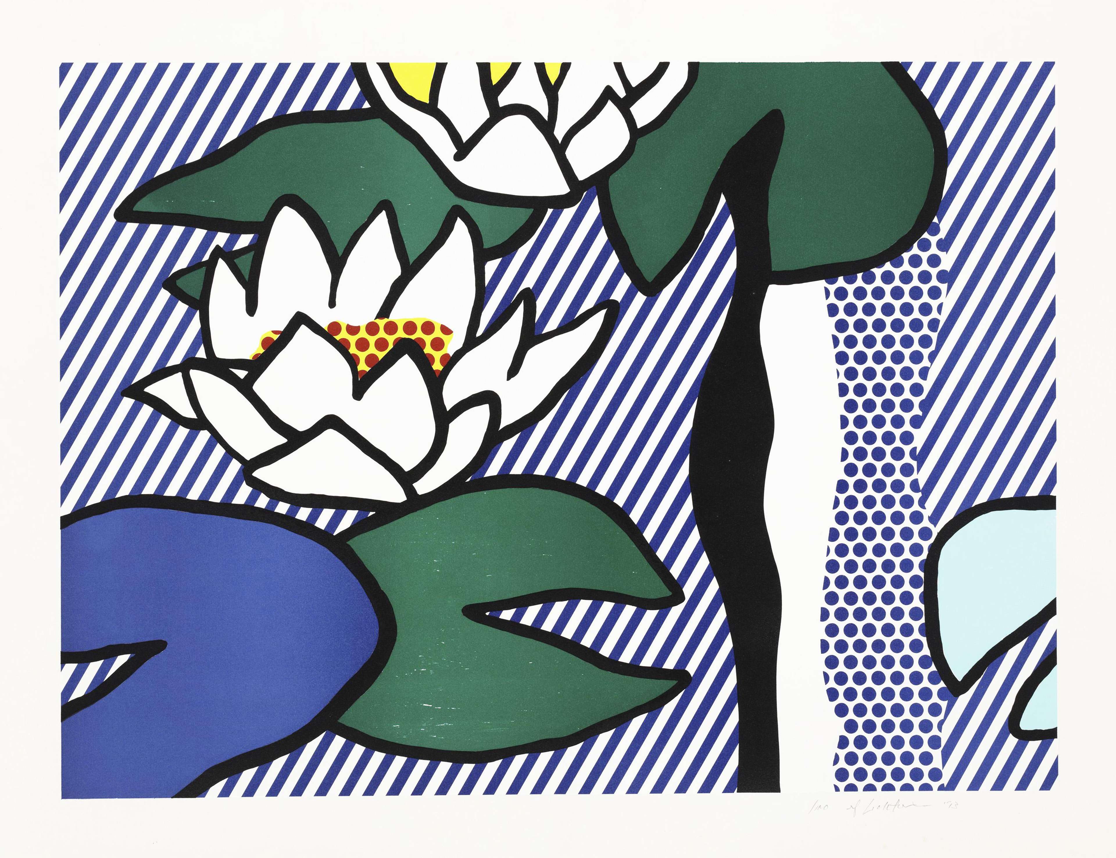 A mixed media artwork by Roy Lichtenstein depicting water lilies resting on water, the artwork portrays flower petals and leaves rendered in bold primary and secondary colours.