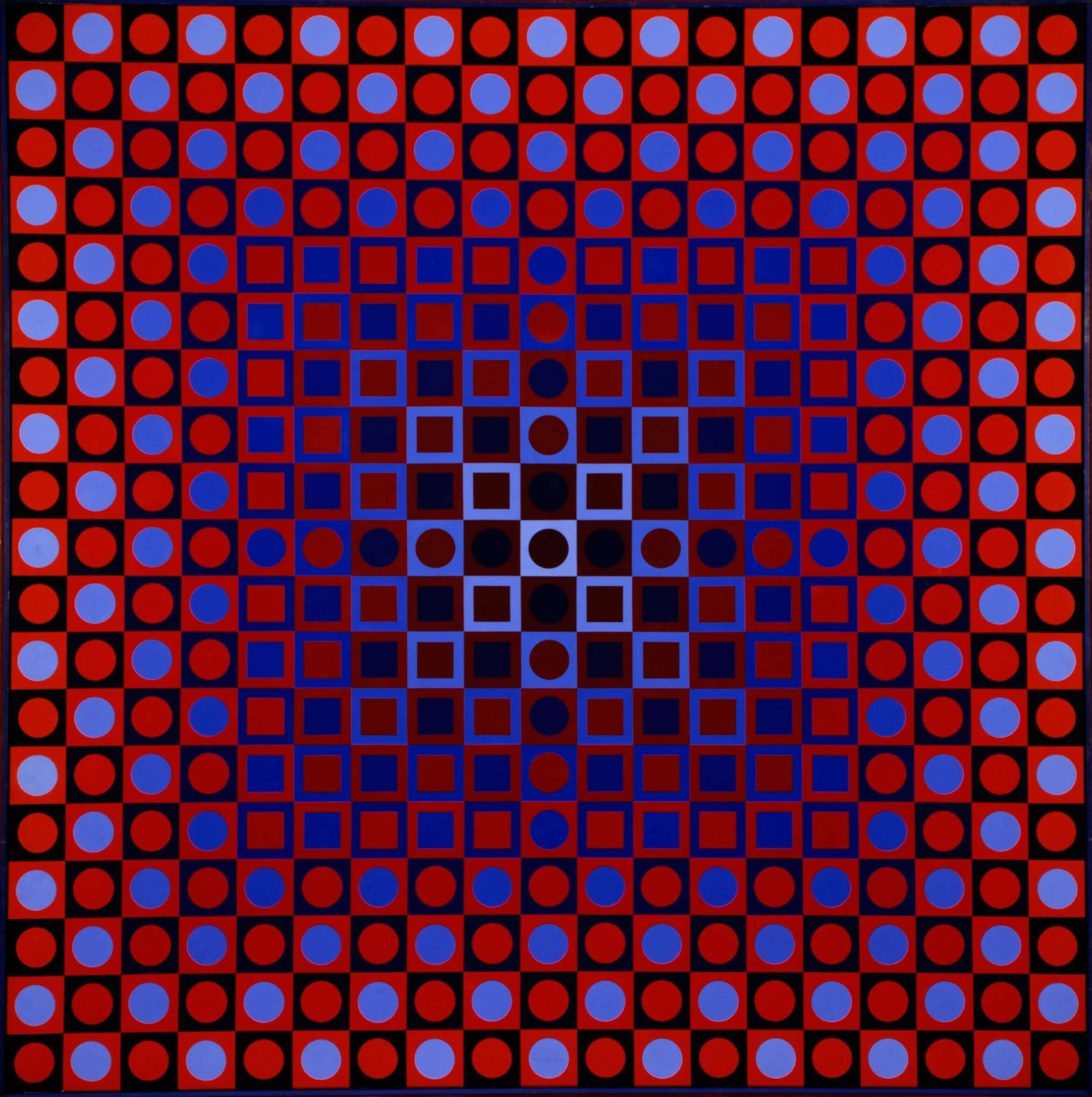 A work composed of red, blue, and purple hues that bleed into each other to create an op art work featuring a repeating pattern of small squares and circles that creates an in-and-out visual effect.