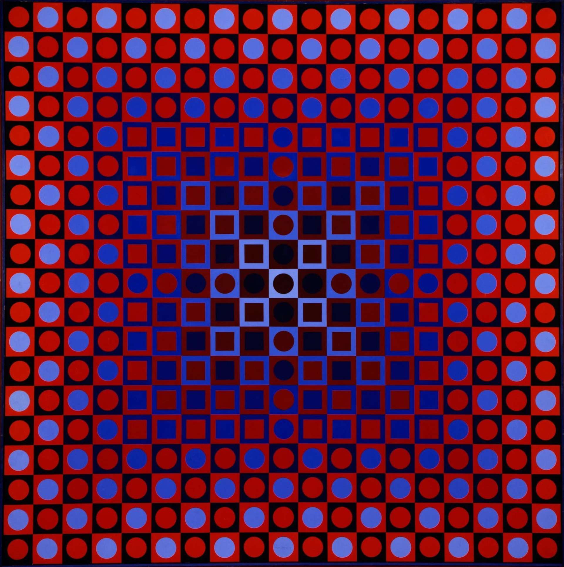 A work composed of red, blue, and purple hues that bleed into each other to create an op art work featuring a repeating pattern of small squares and circles that creates an in-and-out visual effect.