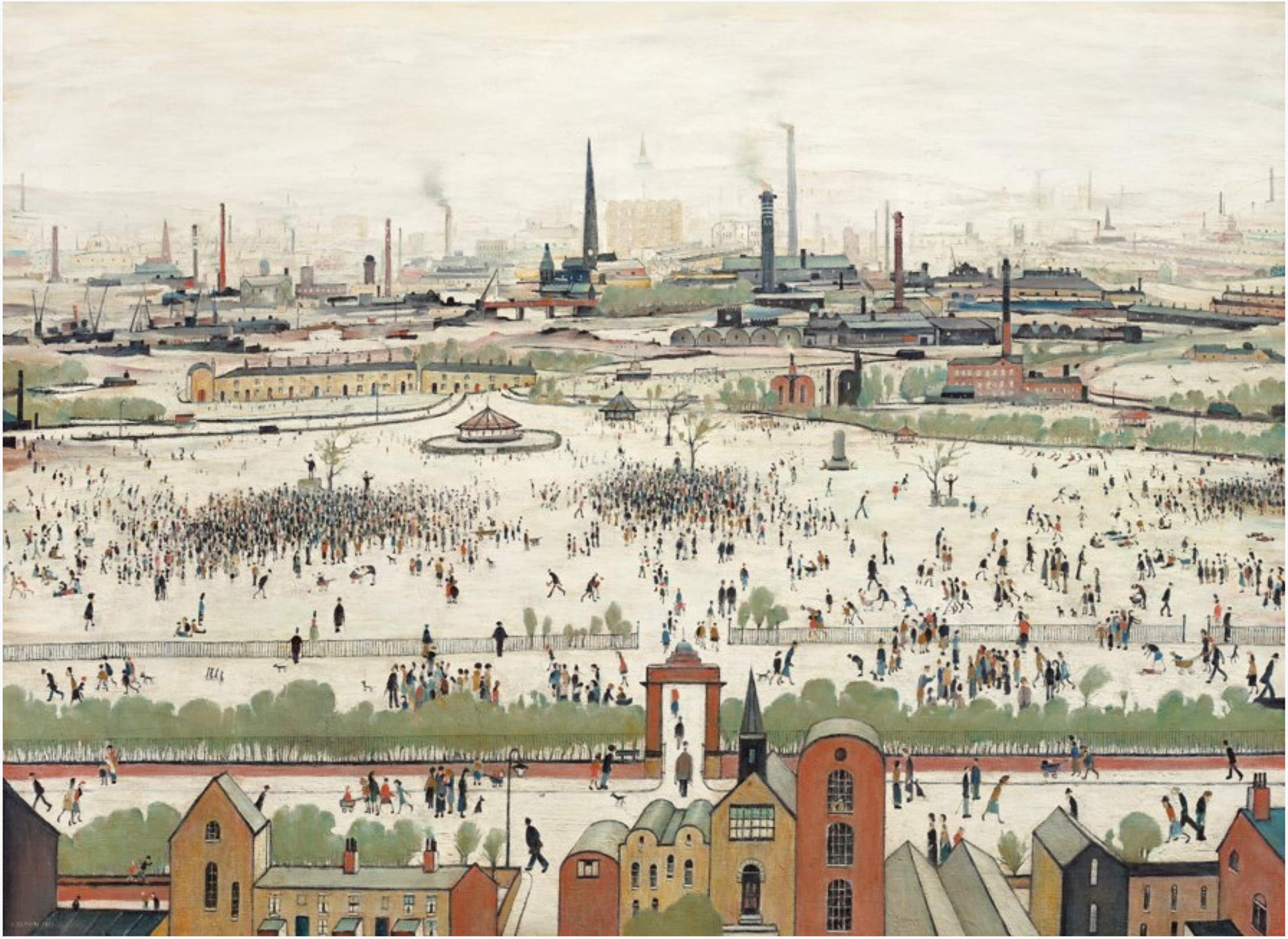 A panoramic view of a Norther England industrial town with hundreds of matchstick figures gatering in the town square painted with a muted colour palette. 