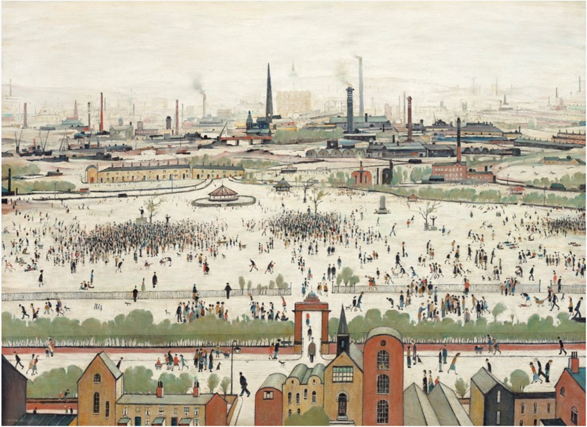 A panoramic view of a Norther England industrial town with hundreds of matchstick figures gatering in the town square painted with a muted colour palette. 