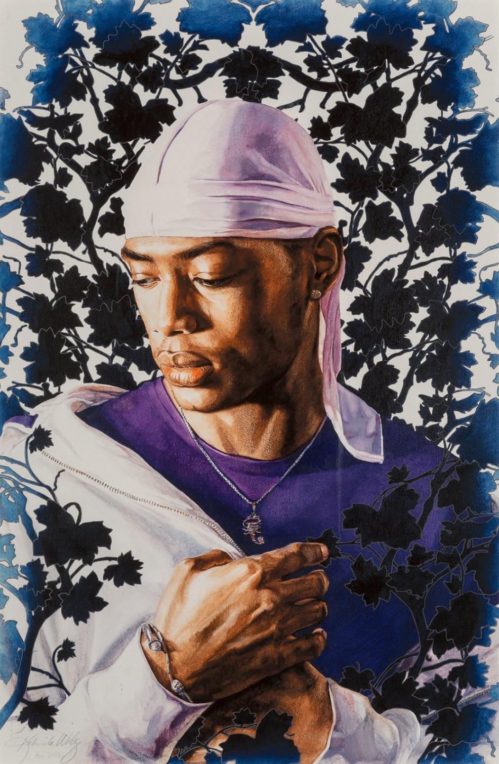 Kehinde Wiley’s Tomb Of Pope Alexander VII Study I. A pigment print of a male dressed in a purple shirt, jacket, and durag surrounded by French Rococo foliage.
