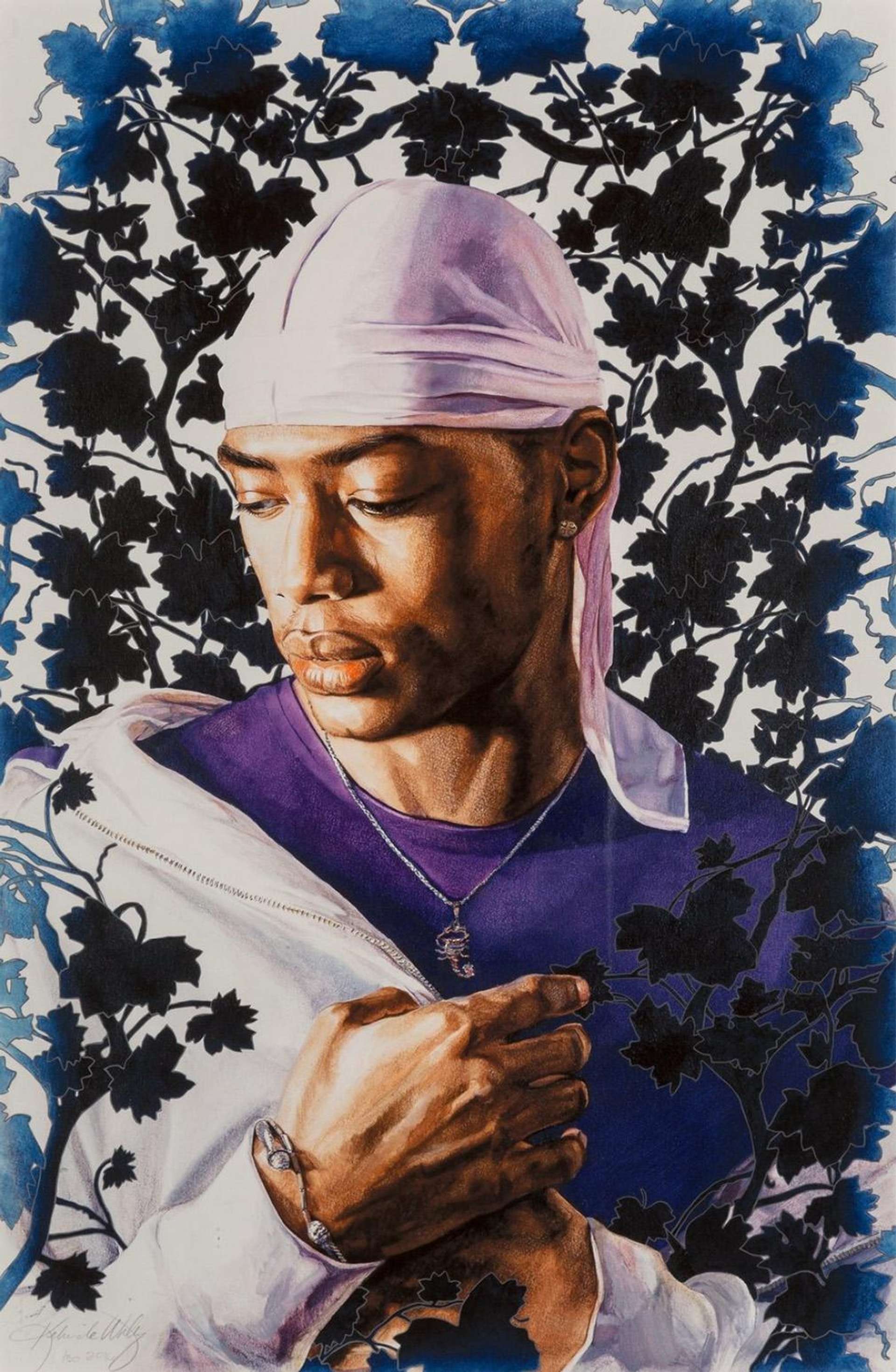 Kehinde Wiley’s Tomb Of Pope Alexander VII Study I. A pigment print of a male dressed in a purple shirt, jacket, and durag surrounded by French Rococo foliage. 