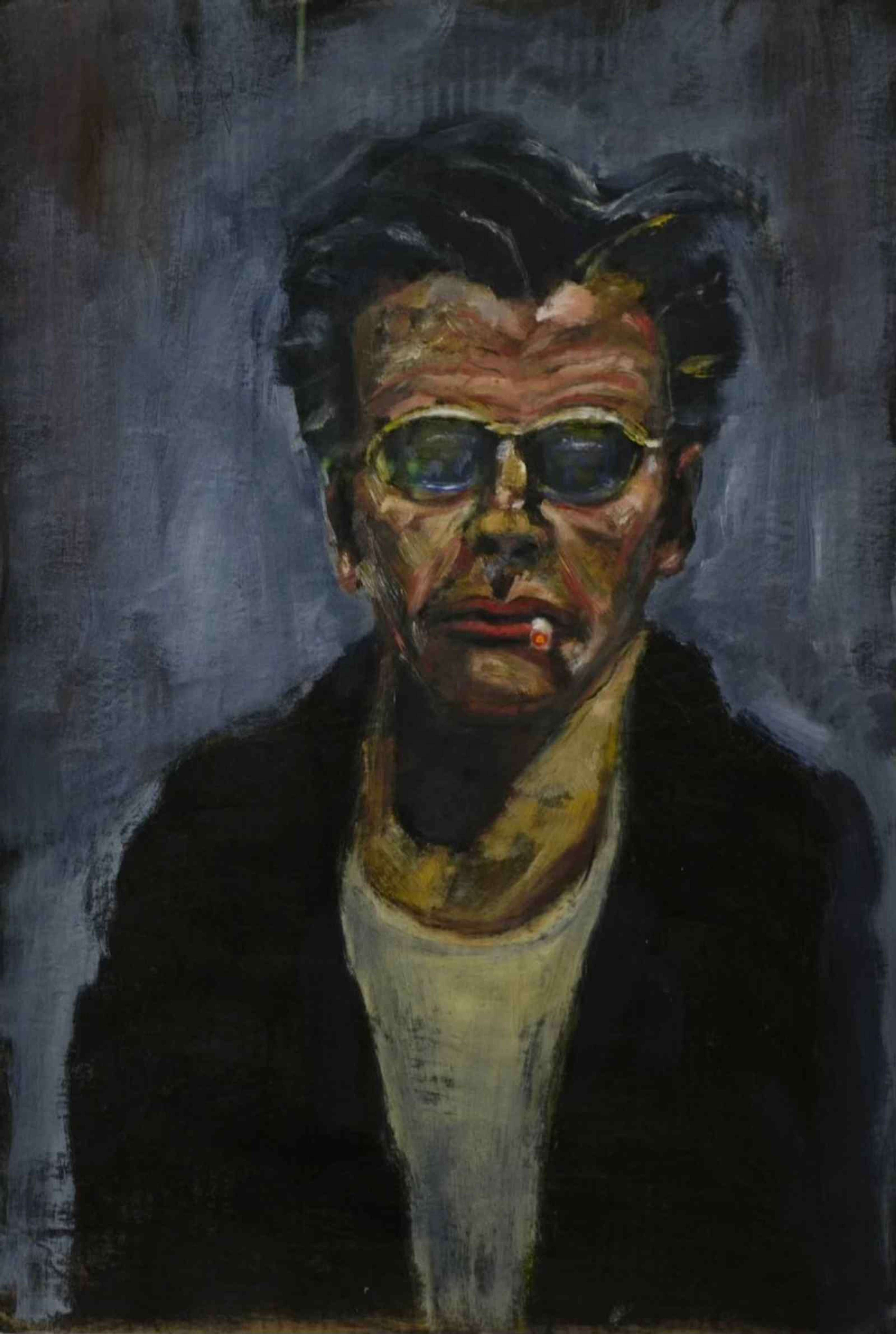 A self portrait of the artist against a dark washed background, depicting himself wearing sunglasses and smoking a cigarette.