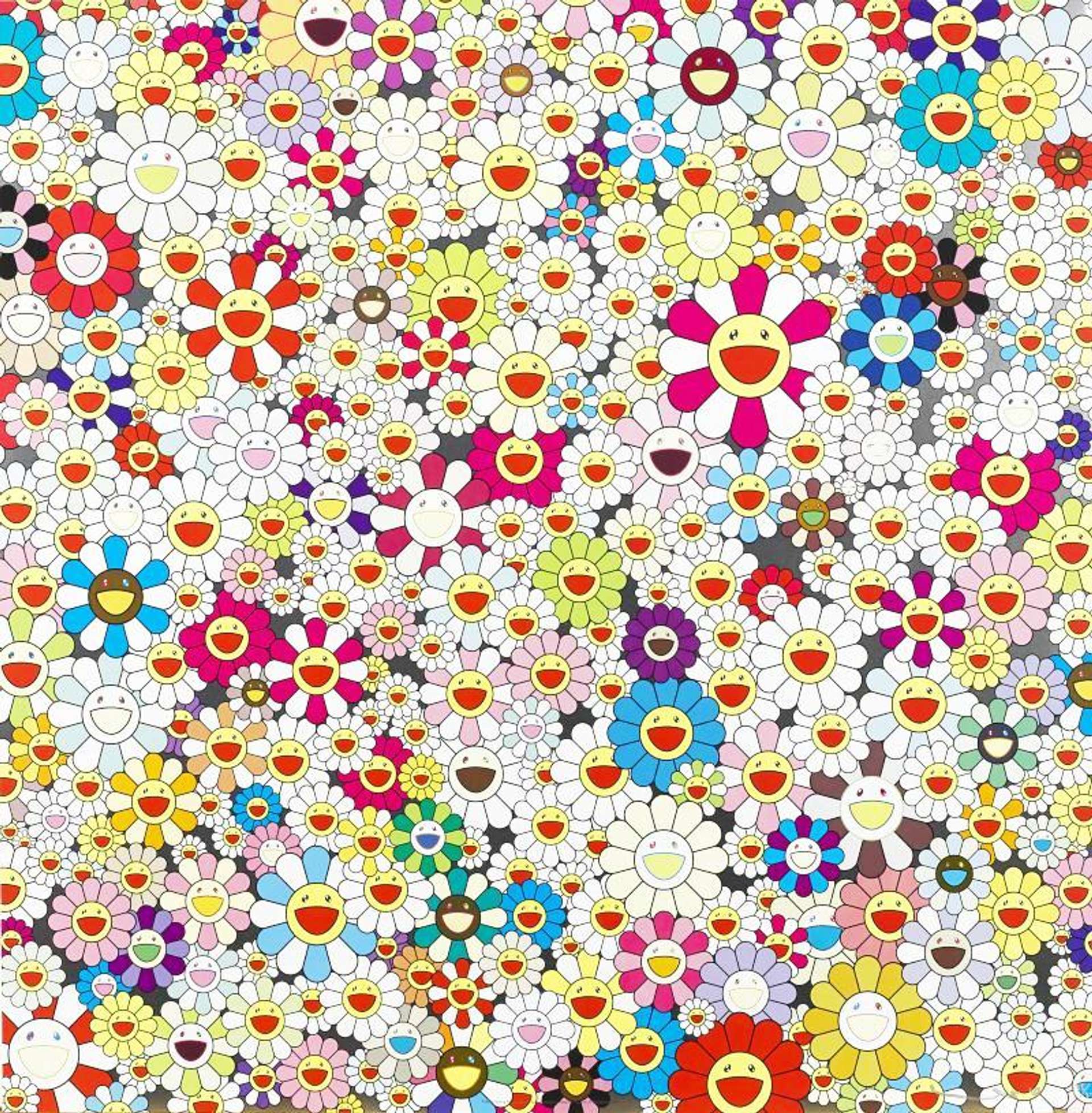 Hundreds of cartoonish flowers, with cheery smiling faces, are organised across the composition. All of these flowers are executed in different sizes and bright, block colours.