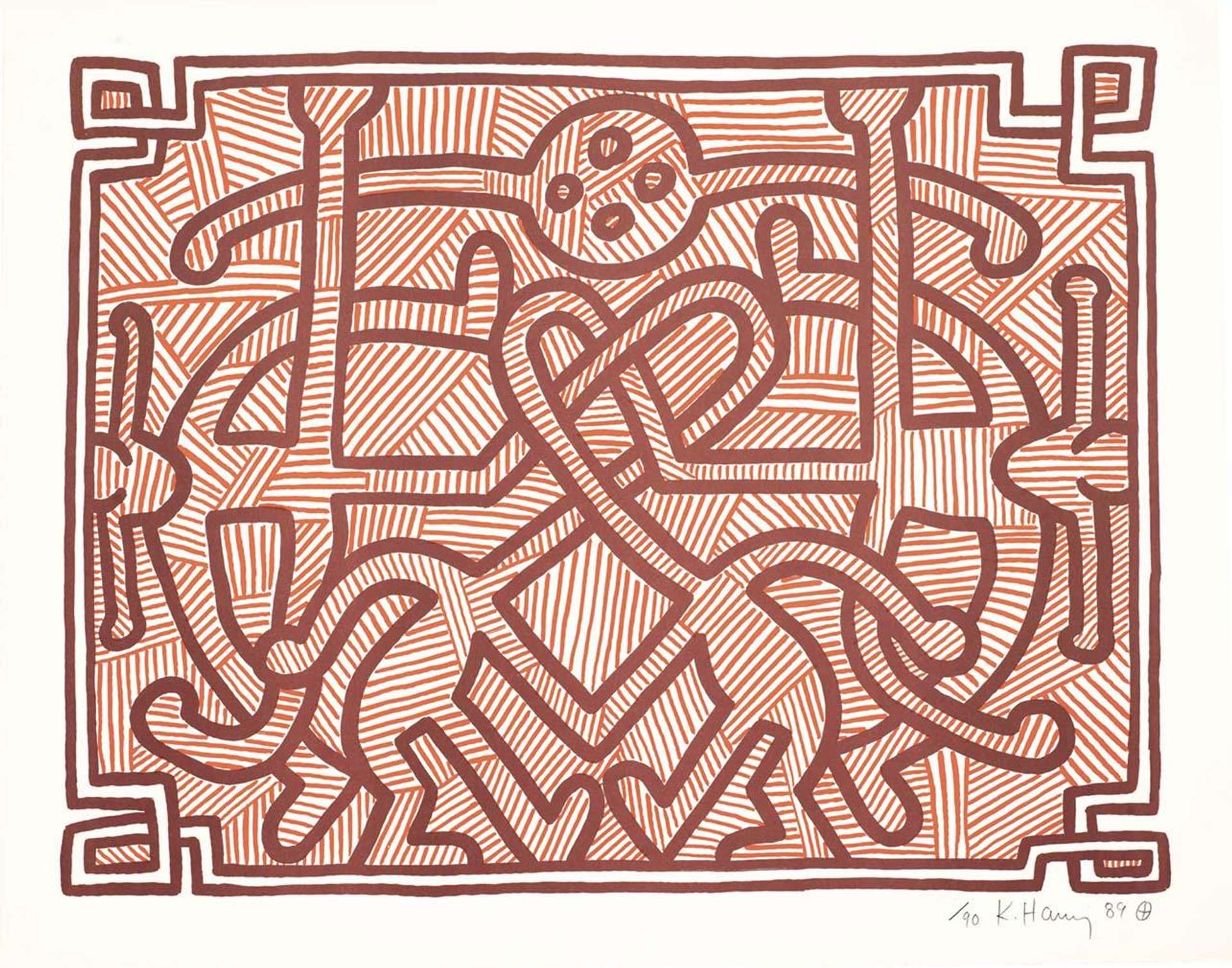 Keith Haring’s Chocolate Buddha 2. A Pop Art lithograph of four figures interconnected through symmetrical red lines against a striped, red background.