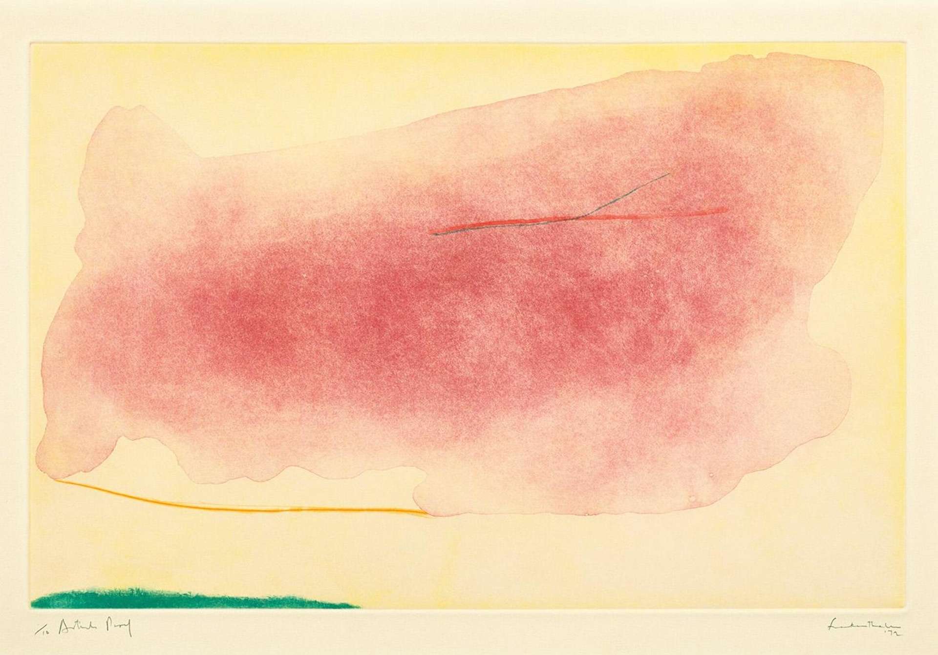 Helen Frankenthaler’s Nepenthe. An abstract expressionist intaglio print of a landscape with a pink sky.