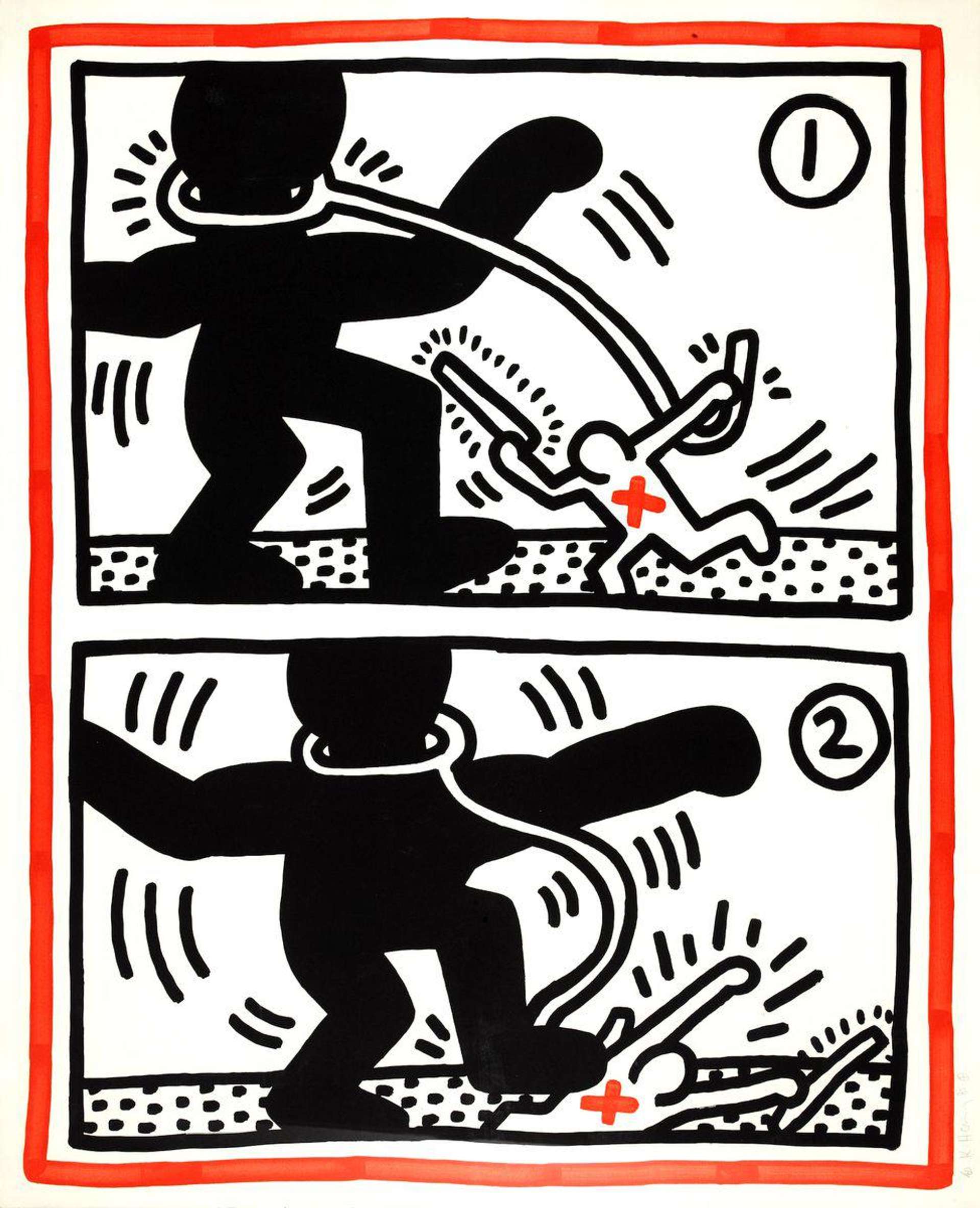 Plate 3 from the Free South Africa series features two numbered frames depicting two stick figures in a struggle with one another. Using his bold, linear style Haring represents the relationship between the black majority and white minority in South Africa during years of institutionalised racial segregation. The black figure on the left is rendered much larger than the white figure, symbolising the substantial disparity between the black majority and the few white people that had political and social power at the time. Haring clearly conveys this inequality of the white man’s power by showing the white figure with a rope around the black figure’s neck.