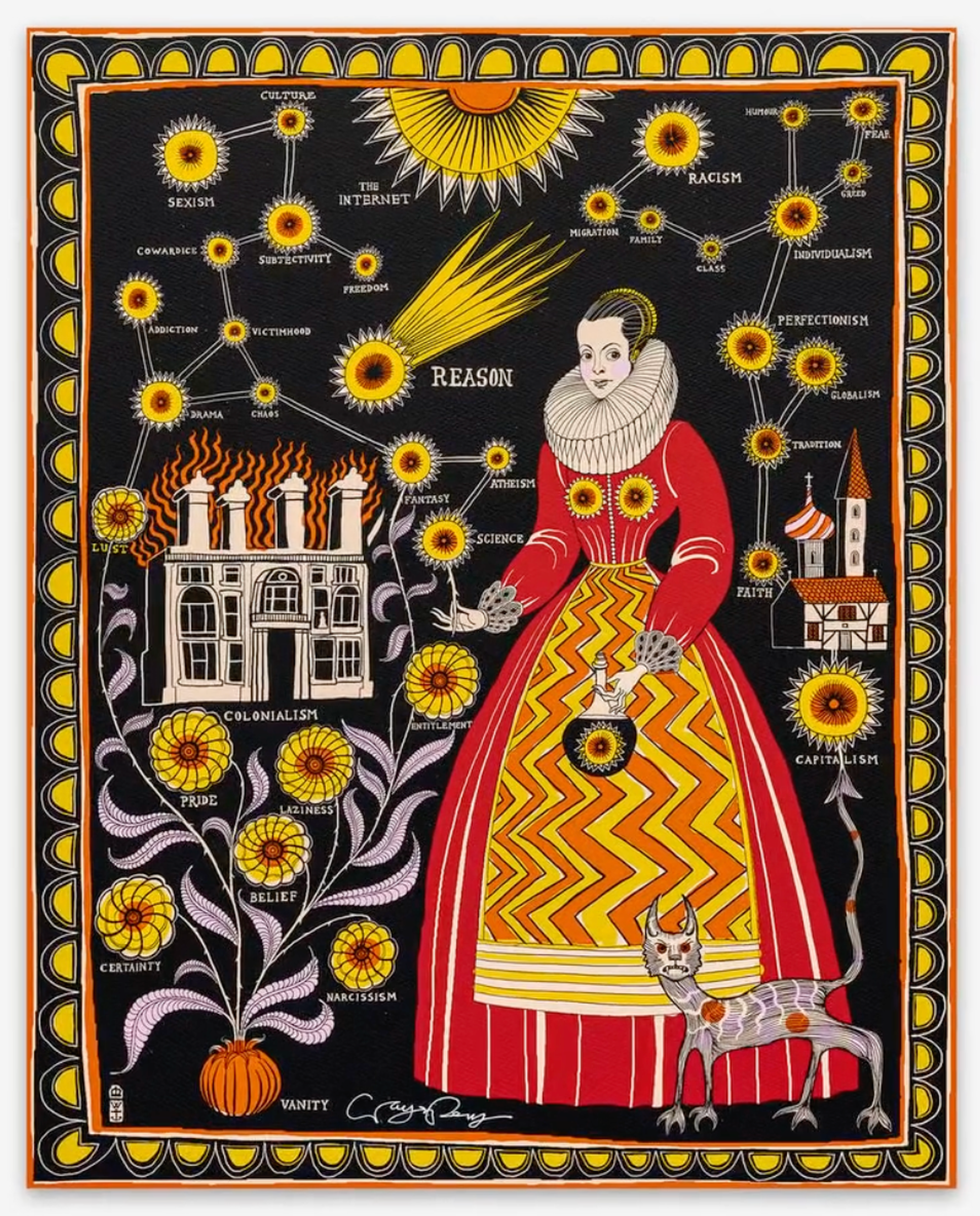 A woman in a red historical dress with a stylised cat at her feet, surrounded by flowers, illustrations of Russian buildings, stars, and written inscriptions, surrounded by a dark blue and yellow border.