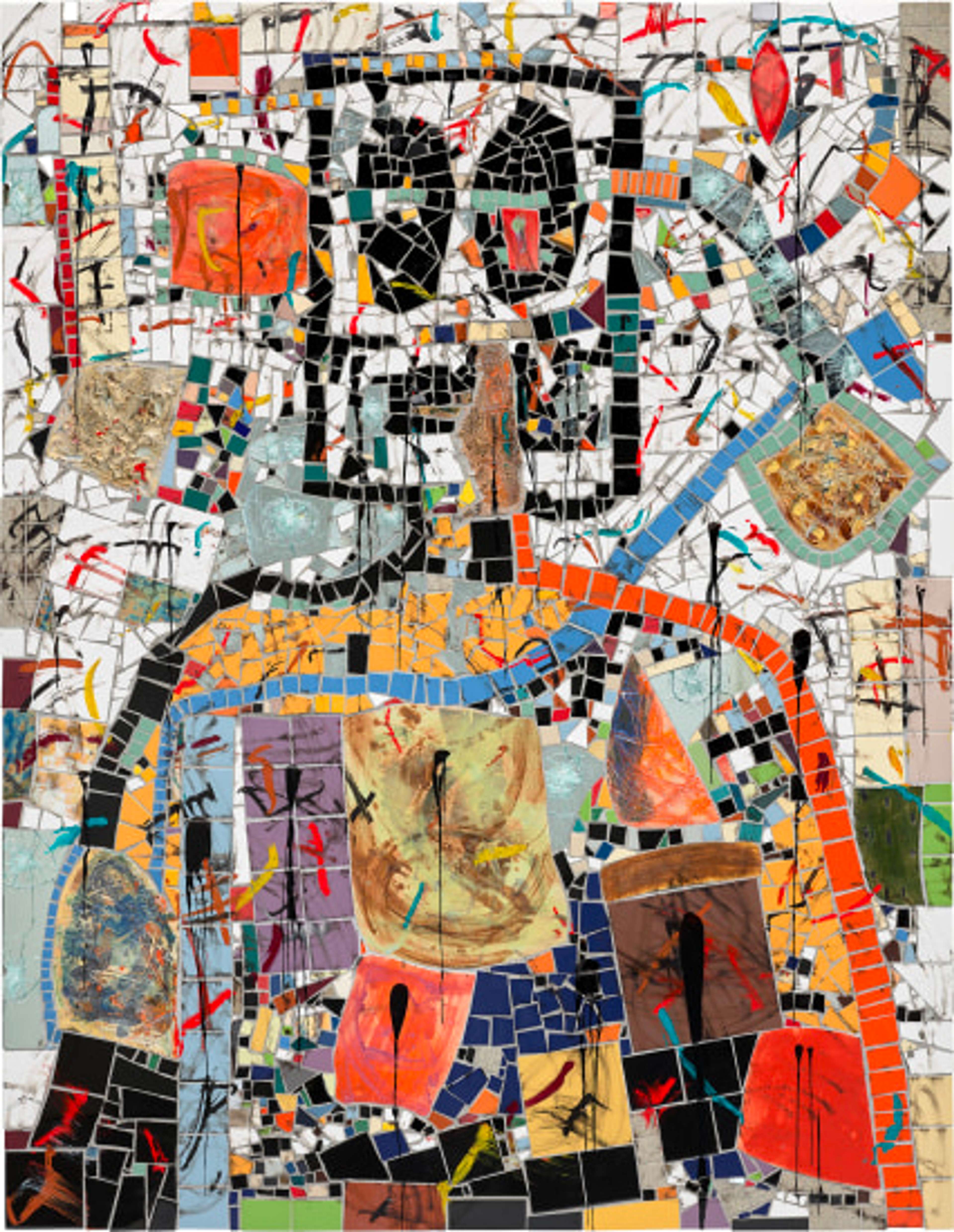  A Rashid Johnson piece featuring a figure with strong shoulders and a box-like face defined by black and orange tiles. It contrasts against a vibrant backdrop created through an abstract composition of multicoloured tiles.