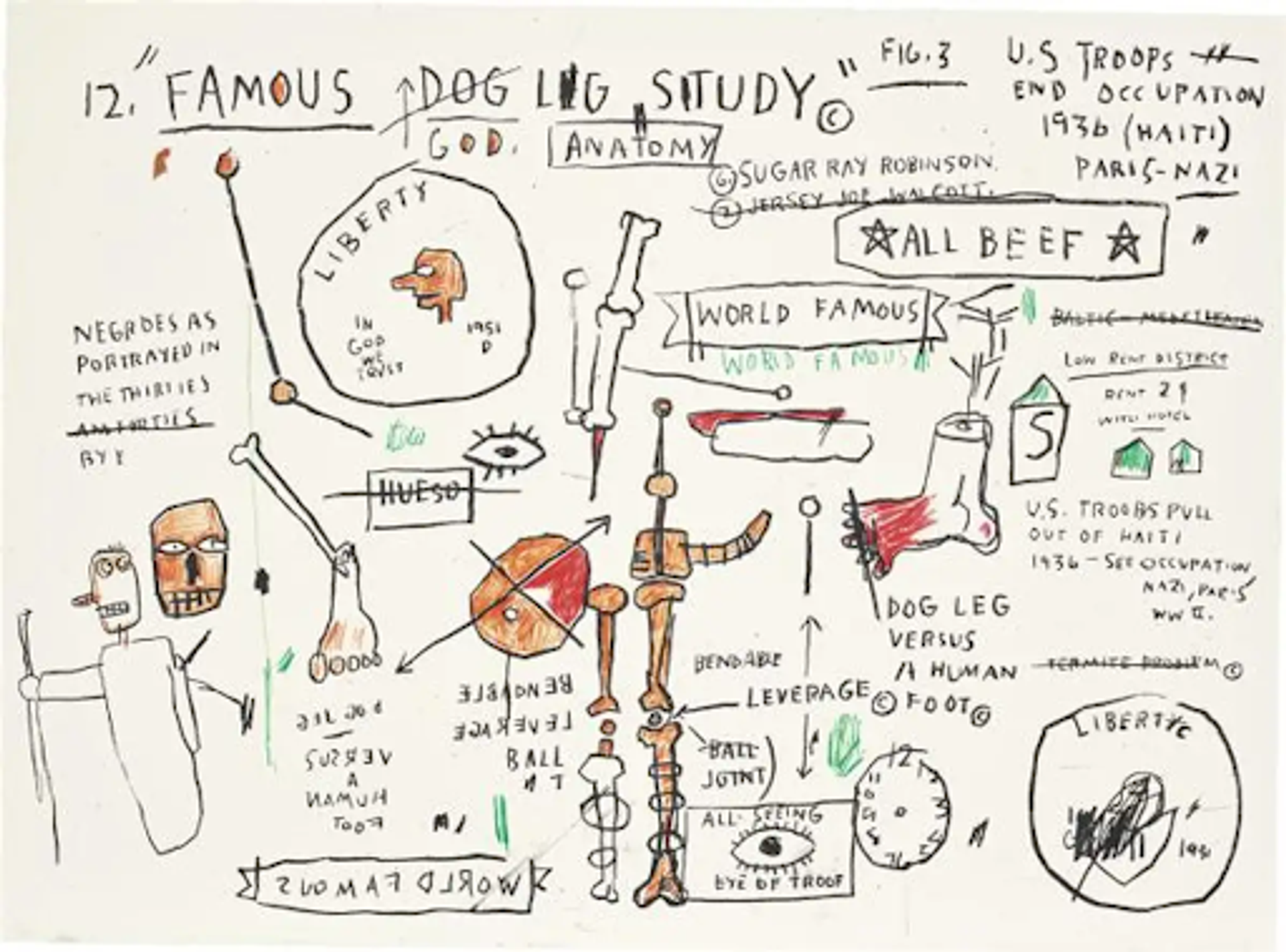 Jean-Michel Basquiat’s Dog Leg Study. A Neo Expressionist screenprint of various texts including "Famous Dog Leg Study" combined with anatomical figures and characters against a white background. 
