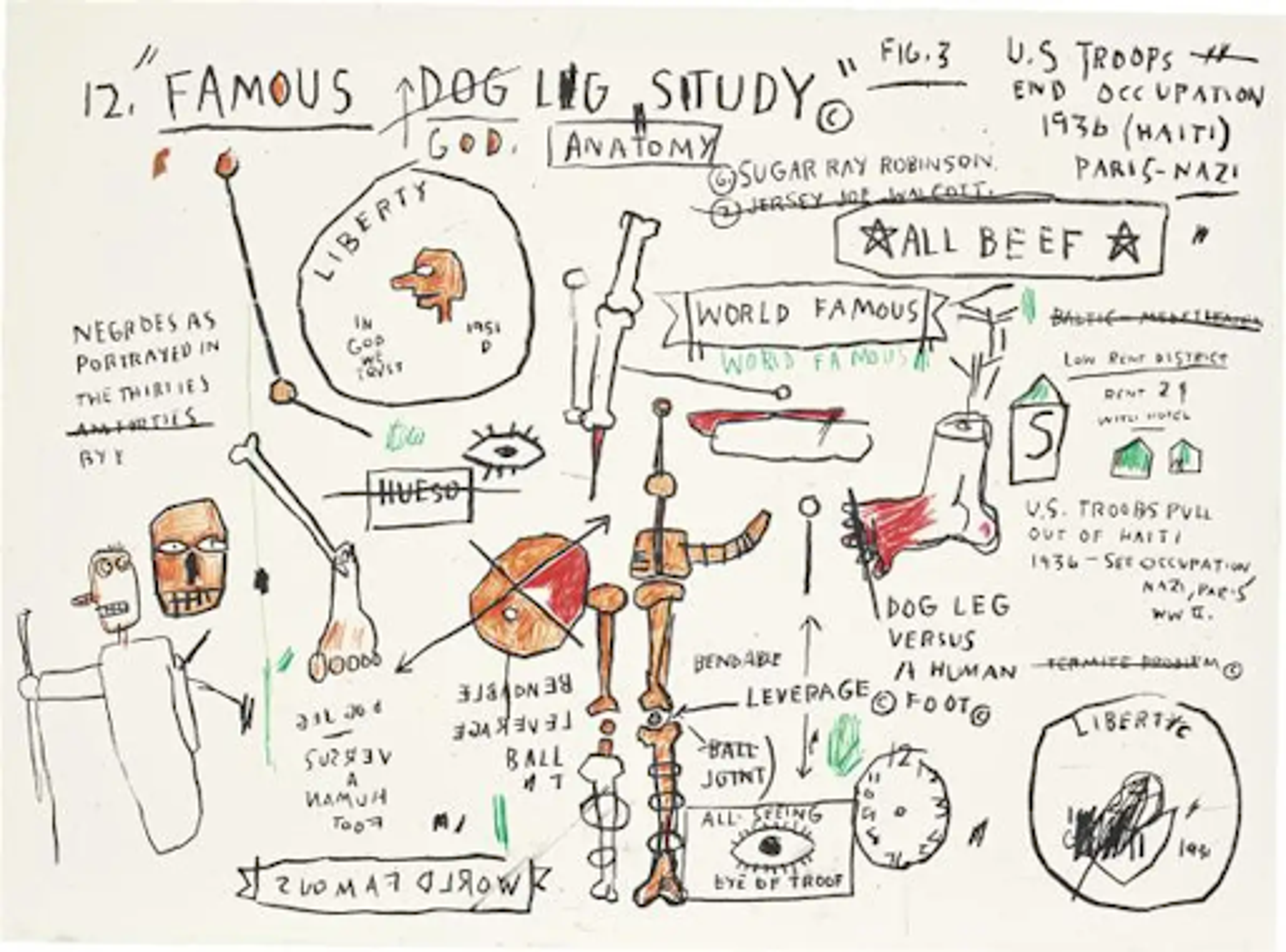 Jean-Michel Basquiat’s Dog Leg Study. A Neo Expressionist screenprint of various texts including "Famous Dog Leg Study" combined with anatomical figures and characters against a white background. 