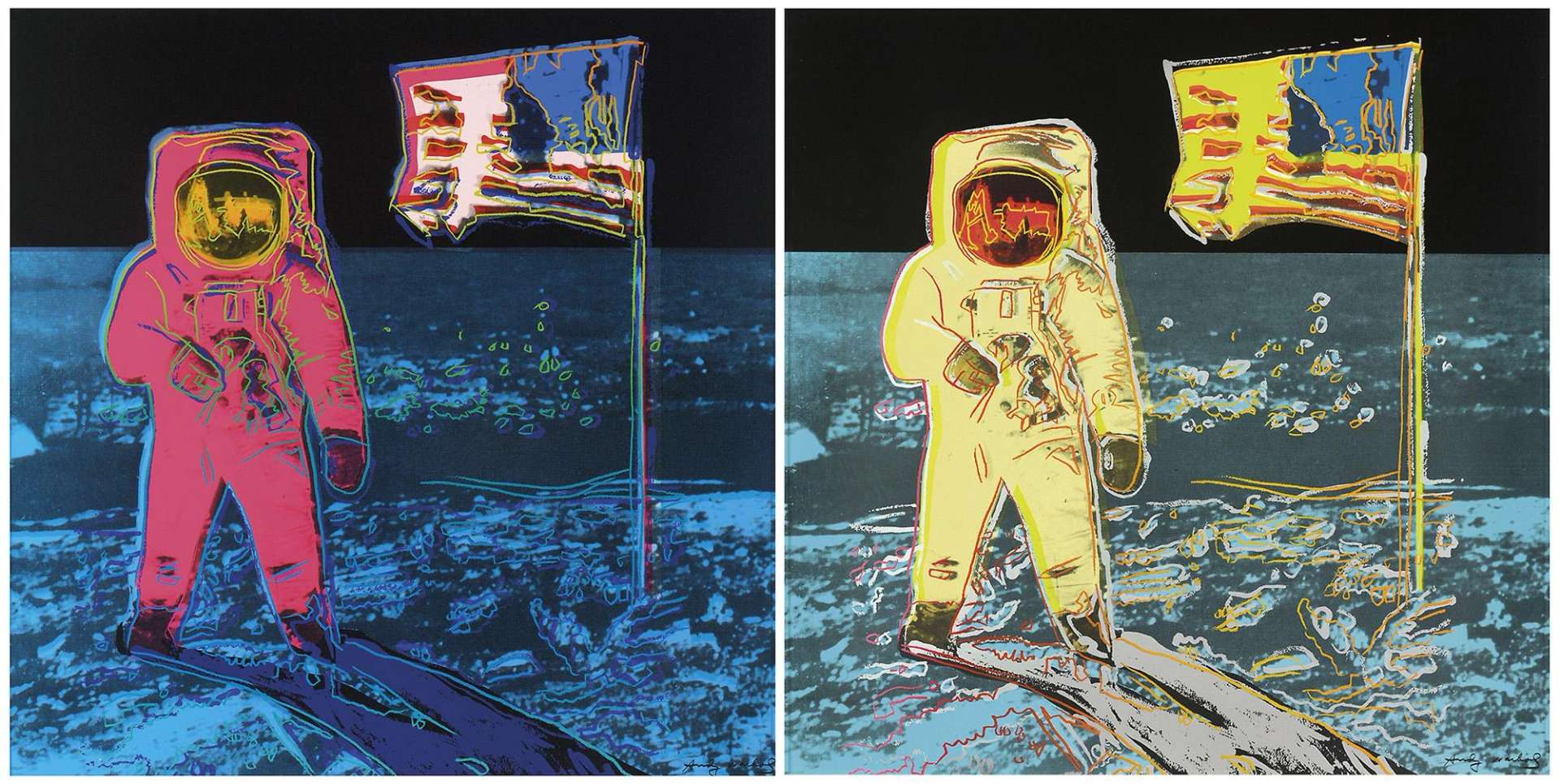 A set of two screenprints by Andy Warhol depicting Neil Armstrong’s famous 1969 photograph of Buzz Aldrin’s steps on the moon, with Aldrin depicting in pink on the left and yellow on the right.