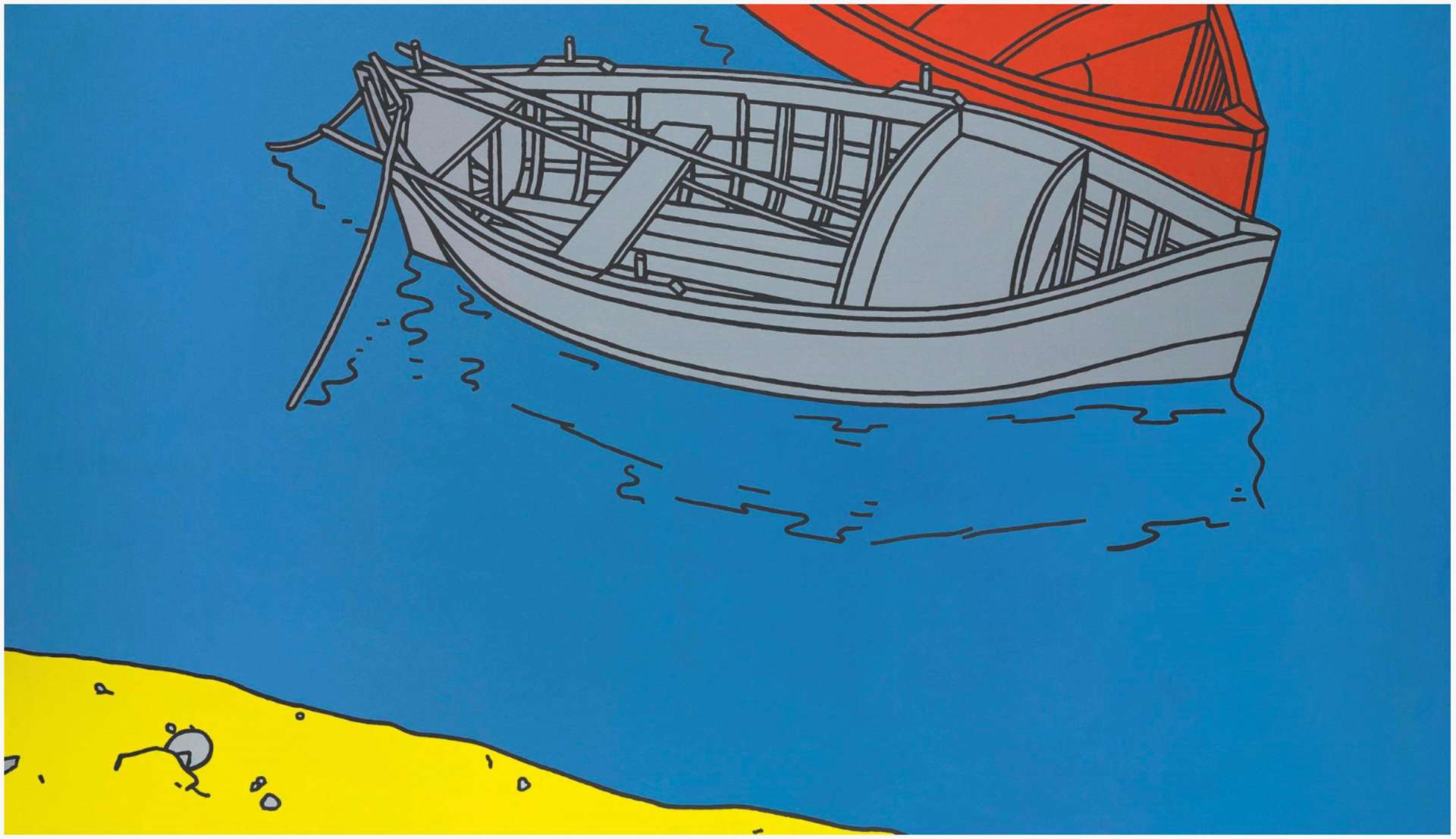  Cropped birds-eye view of anchored grey and red rowboats on vibrant blue water. A pop of yellow in the lower left corner indicates the shoreline.