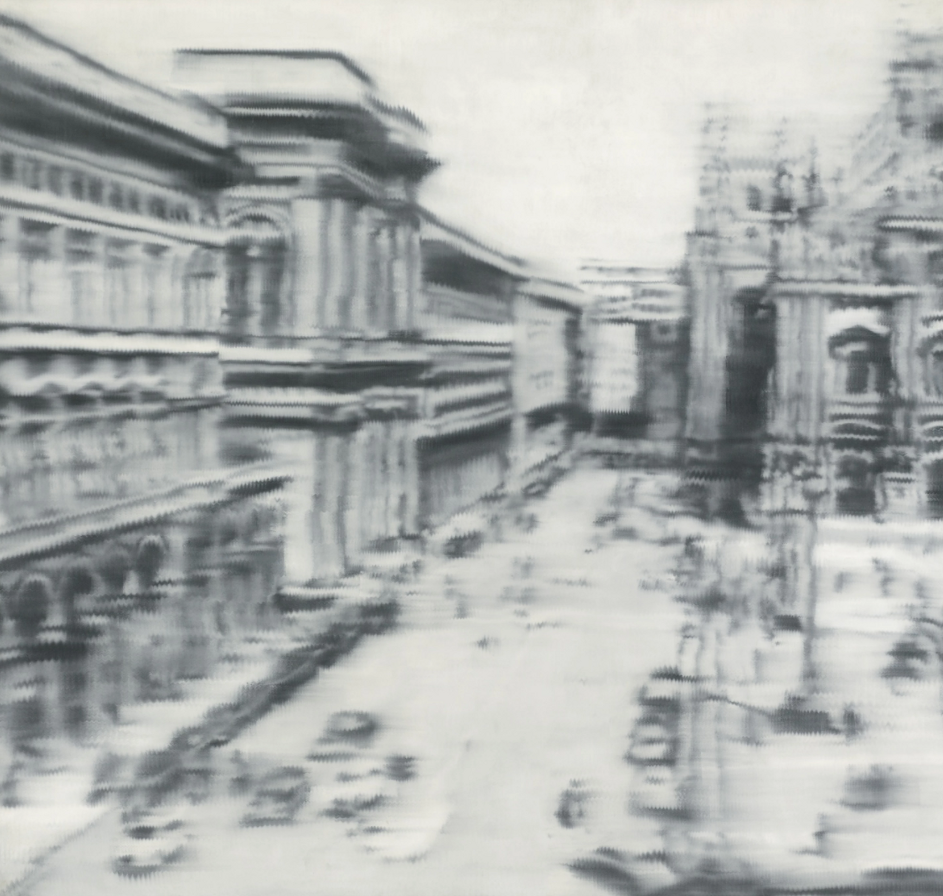 Photorealistic painting by Gerhard Richter, featuring a blurred black and white depiction of Milan's Cathedral Square between the Galleria Vittorio Emanuele and the Milan Cathedral.