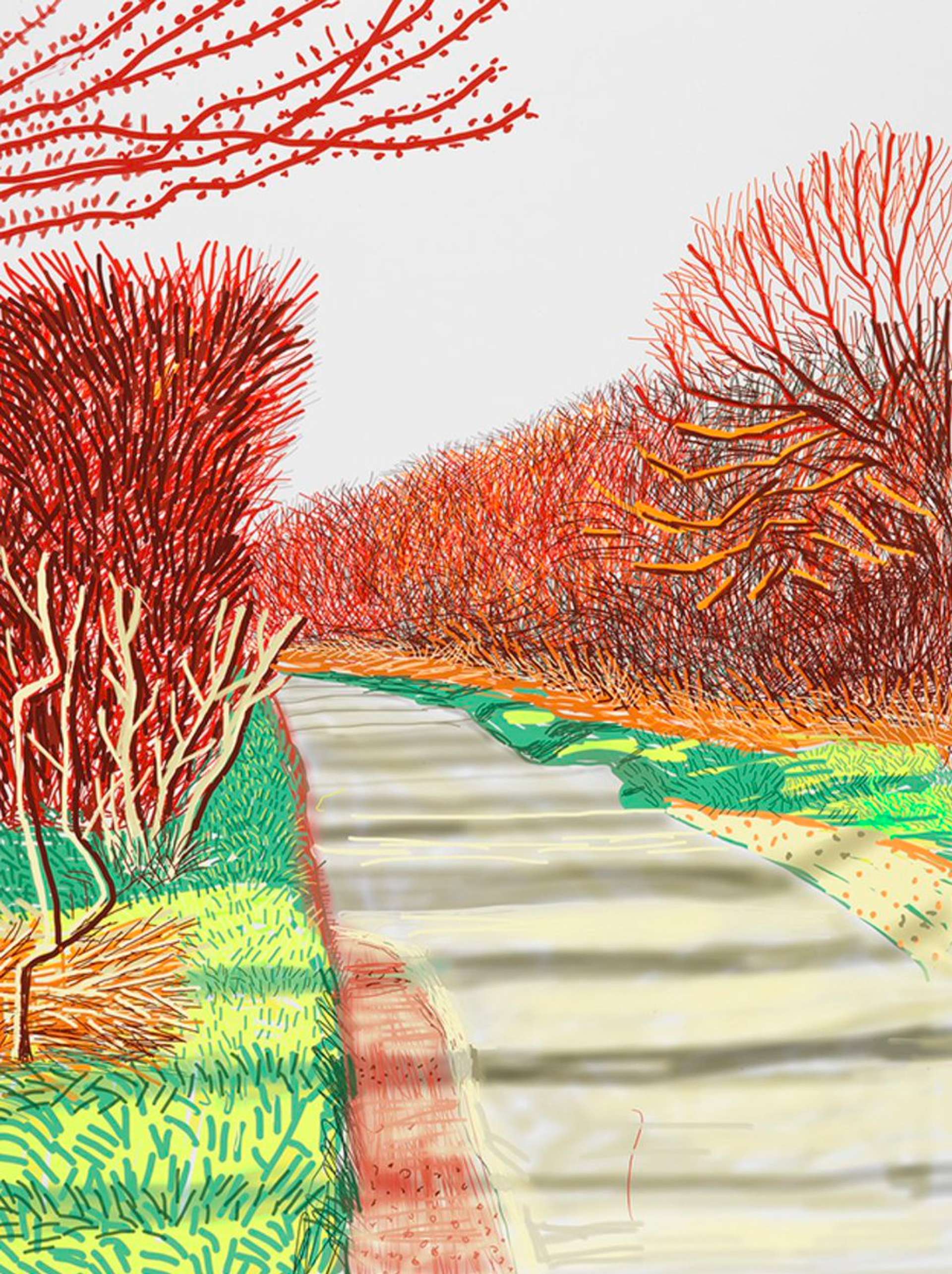 An autumnal landscape by David Hockney, showing orange tree trunks on either side of a path.