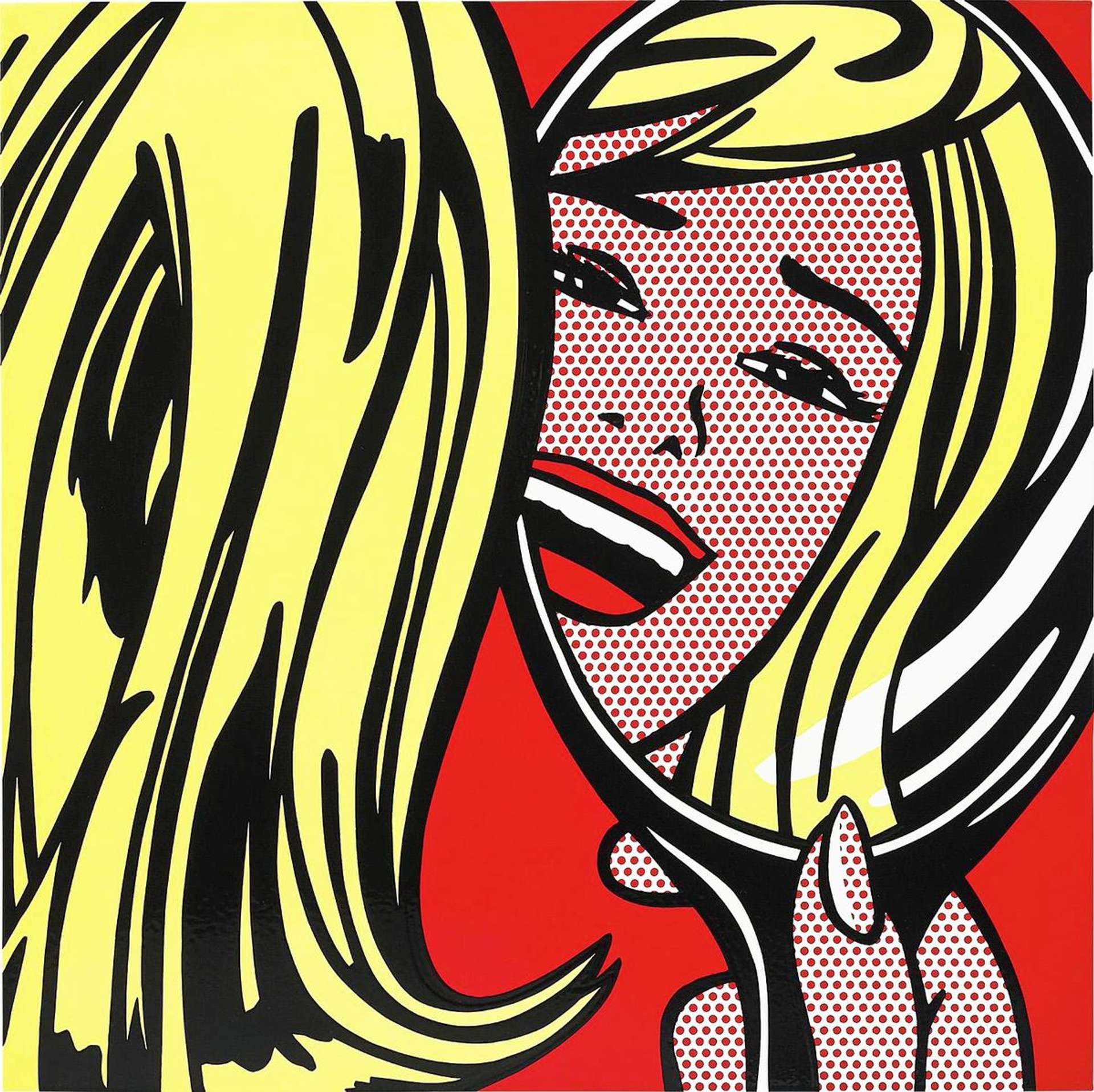Roy Litchenstein’s Girl In Mirror. A Pop Art enamel print of a comic style graphic of a woman looking at her reflection in a handheld mirror laughing.