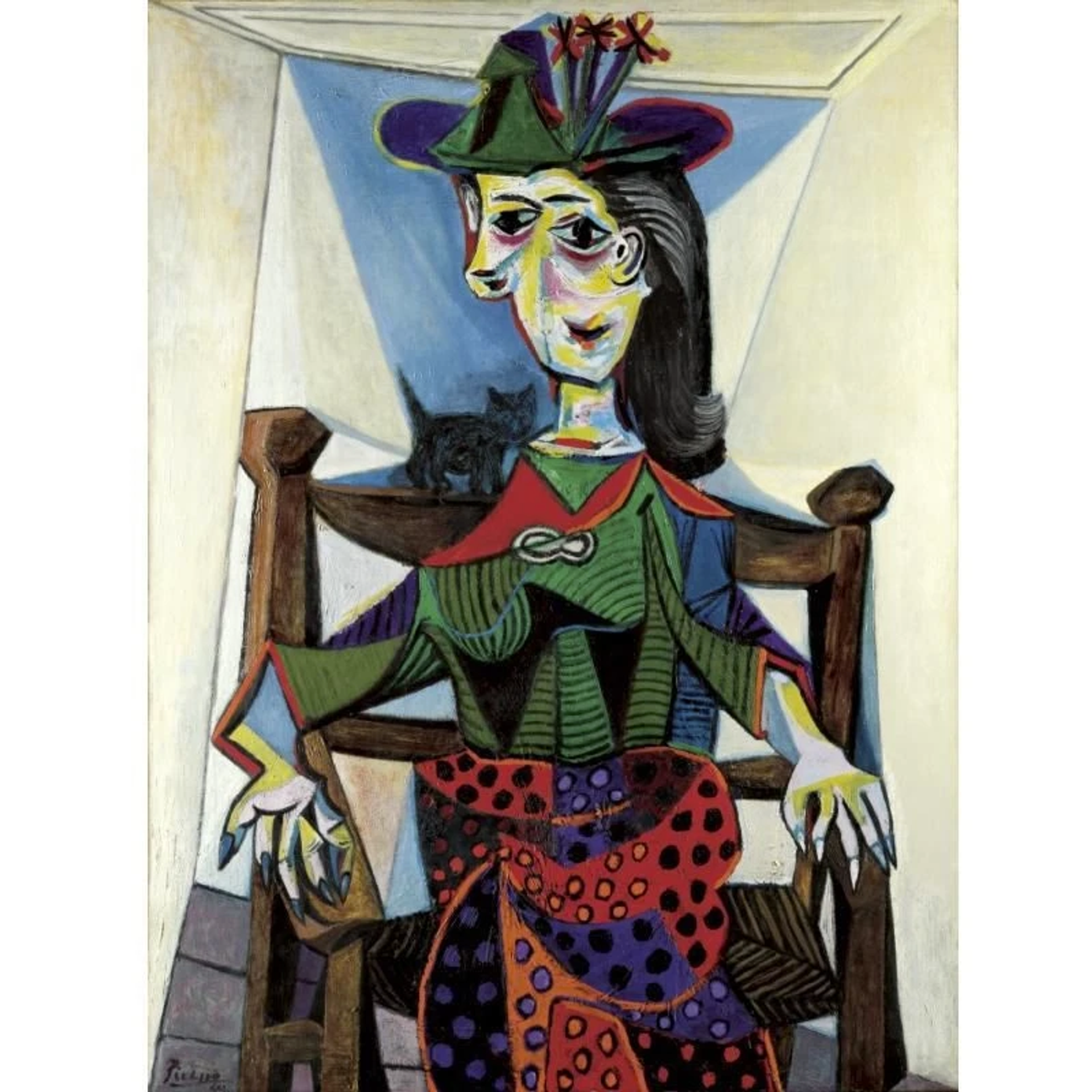 Painting by Pablo Picasso depicting Dora Maar, the artist's lover, seated on a chair with a small cat perched on her shoulders.