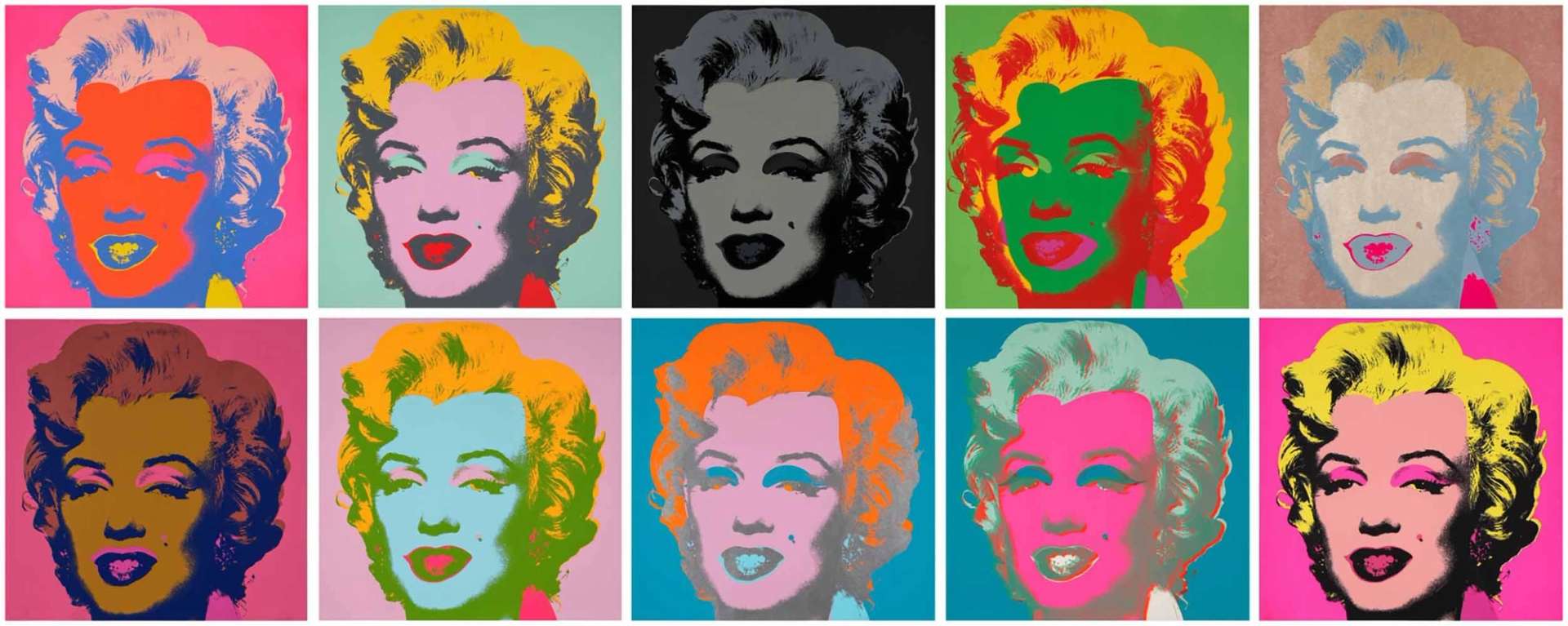 Andy Warhol's complete set of Marilyn Monroe screenprints aligned in two rows of five. Each screenprint is a cropped facial portrait of the celebrity actress, presented in varying vibrant colours.