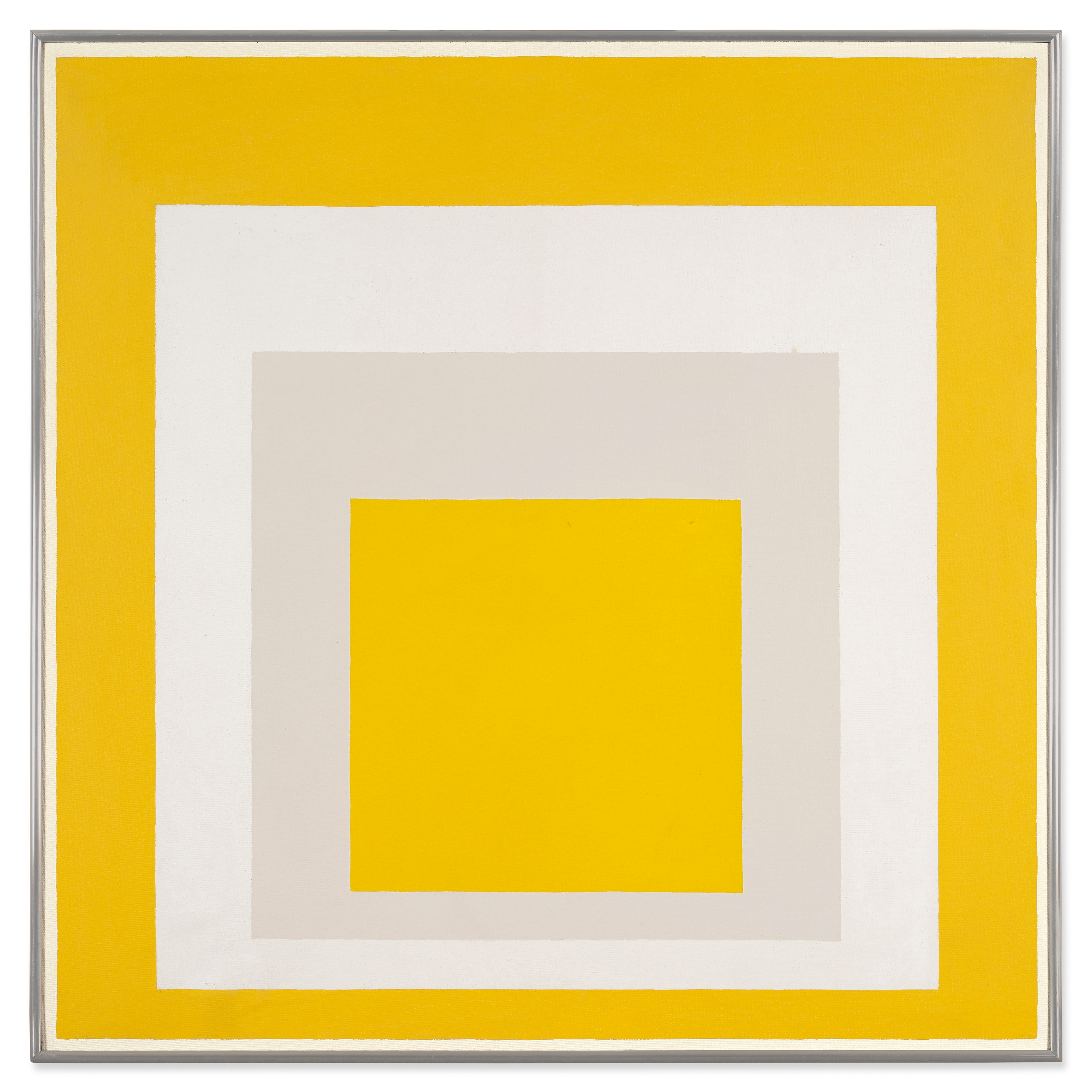 A series of yellow, grey and white squares get increasingly smaller from the centre of the composition.
