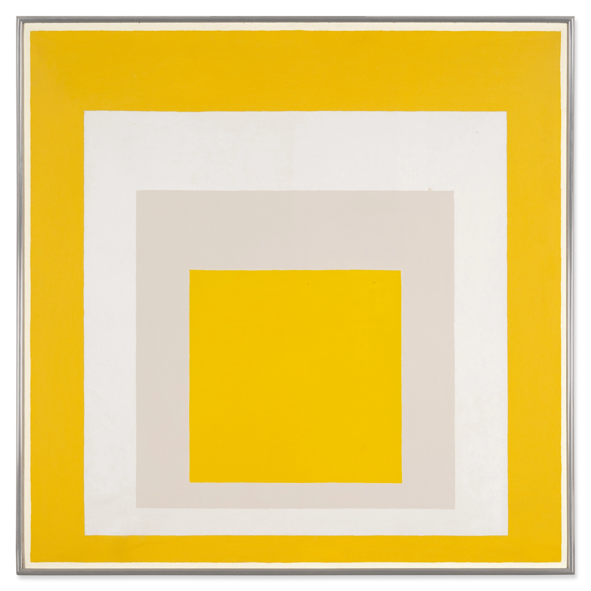 A series of yellow, grey and white squares get increasingly smaller from the centre of the composition.
