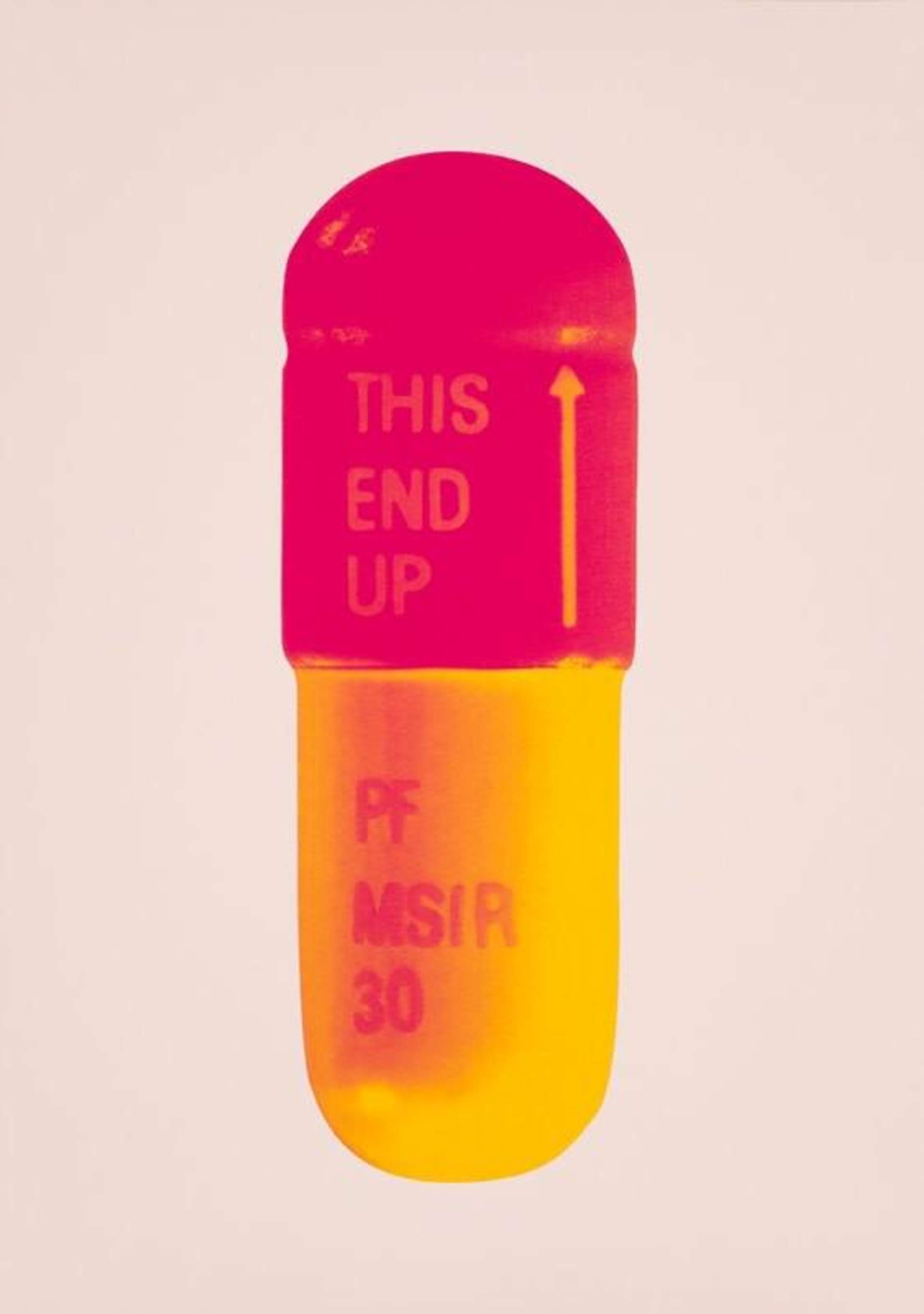 Damien Hirst’s The Cure (powder pink, lollypop red, golden yellow). A screenprint of a pink and yellow pharmaceutical pill against a light pink background.