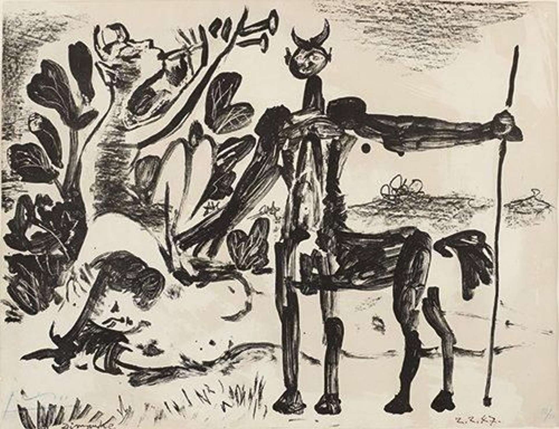 This lithograph by Picasso shows the figure of a centaur meeting a faun in a countryside scene. The two figures are standing over a nude female figure.
