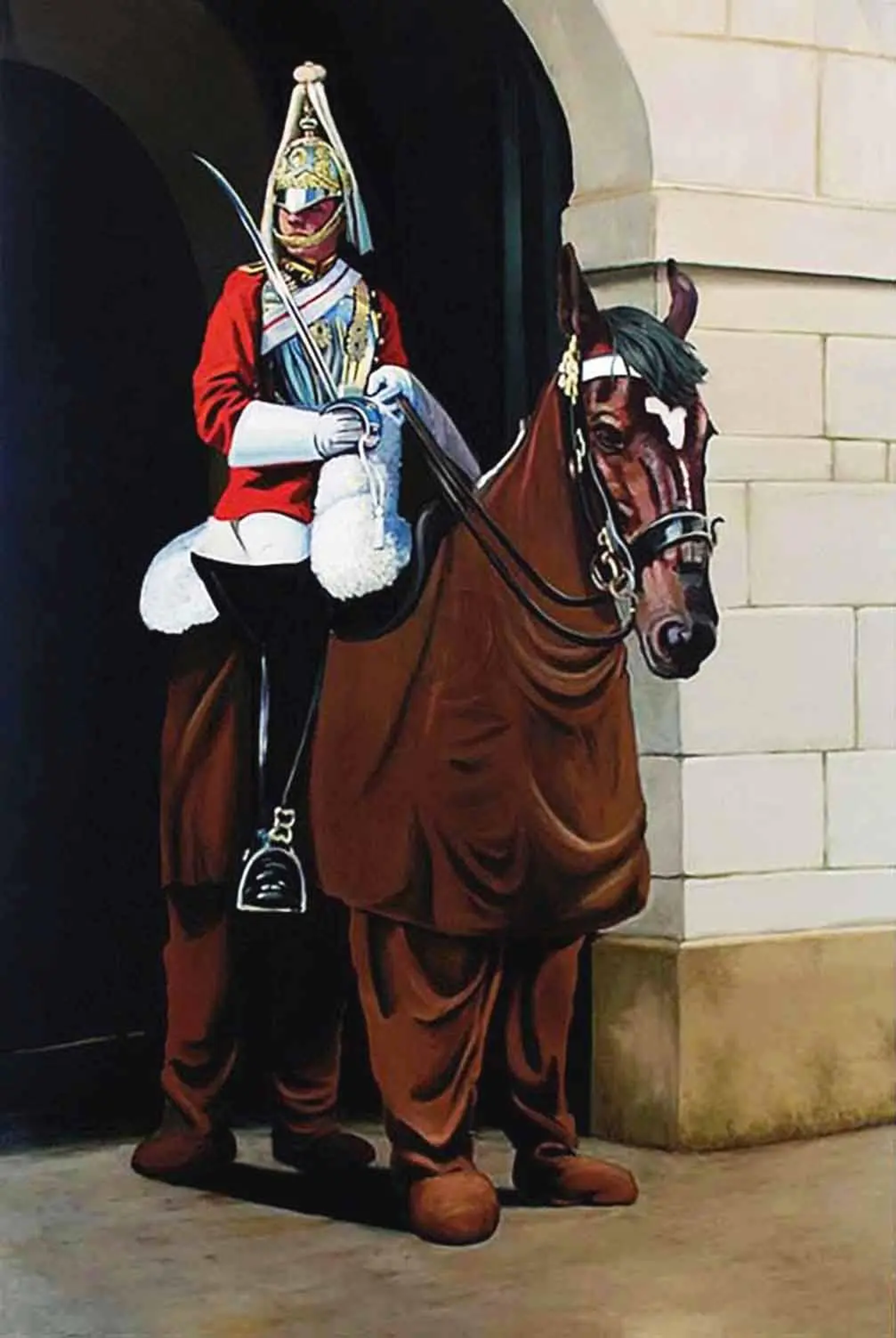 This painting by Banksy shows a uniformed army officer mounted on a pantomime horse.