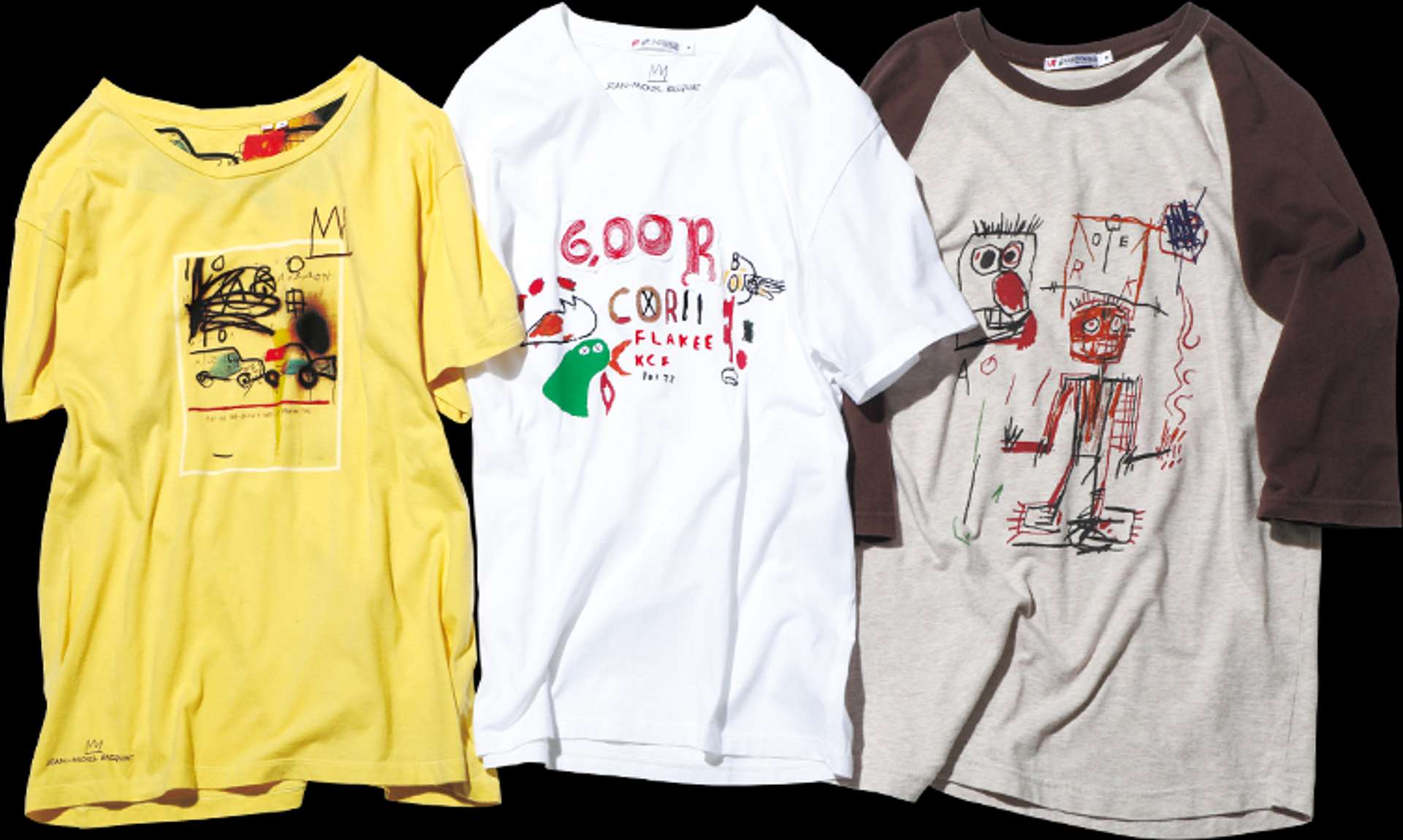 A collage of three T-shirts from three different drops that Uniqlo has done in partnership with the Basquiat estate.