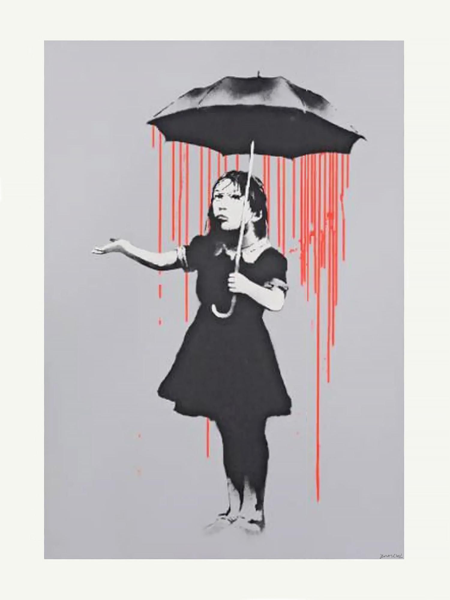 Banksy Nola (dark orange/light orange rain) (Signed Print) 2008