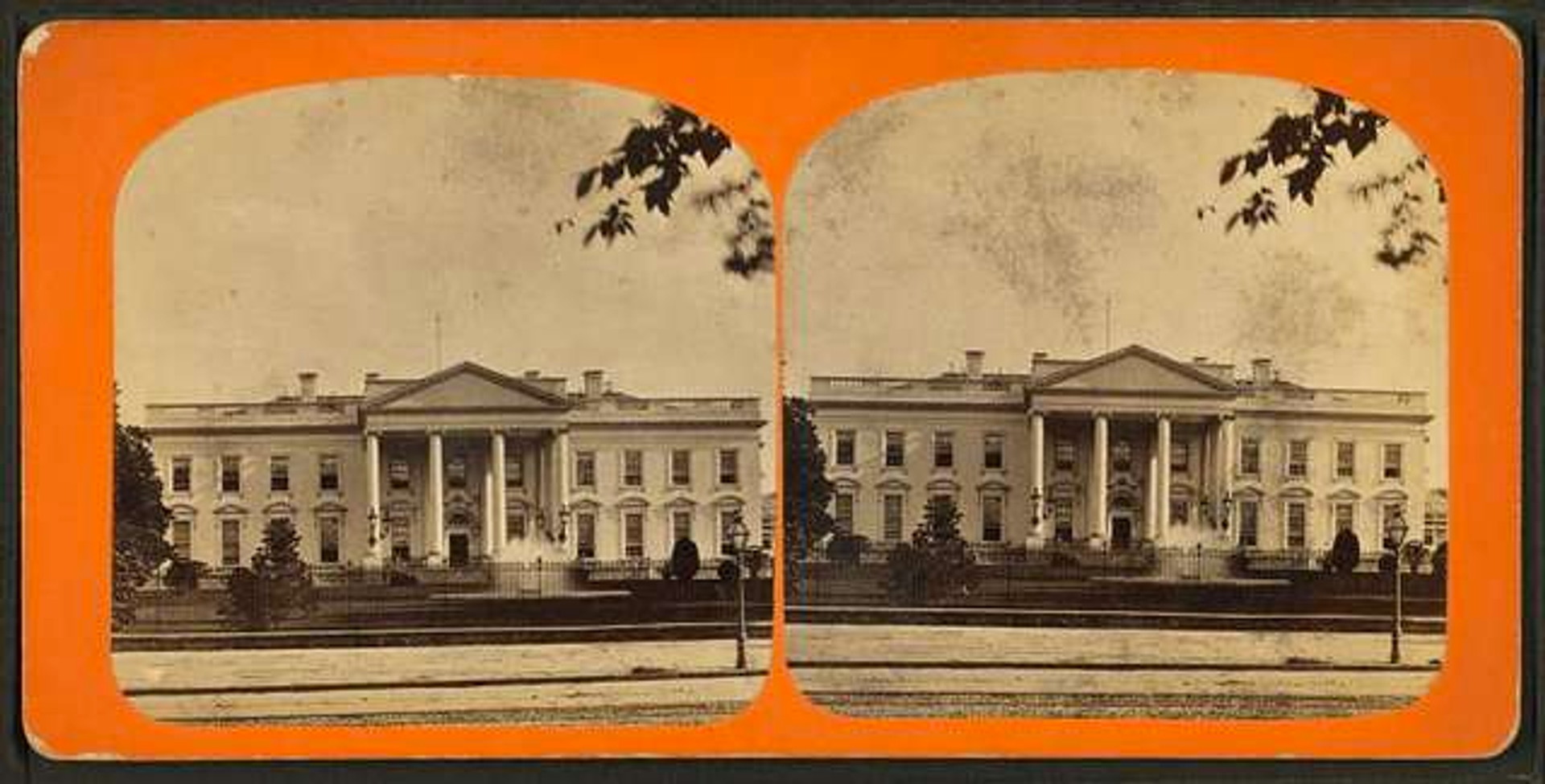 A 19th century double-image of the front of the White House, sepia against an orange background. 