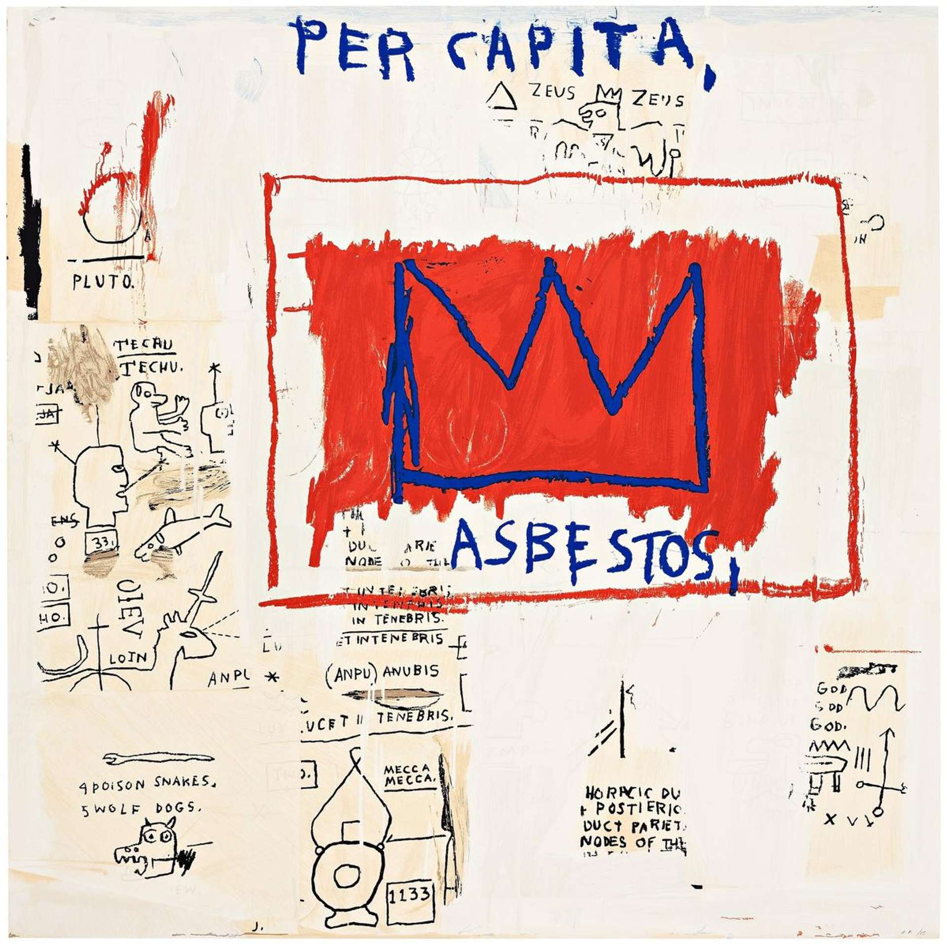 In this print, a large crown outlined in blue is painted over an amorphous area of red atop ‘ASBESTOS’ scrawled in dark blue, enclosed in a red square. Beneath this layer of shapes, text and colour, small, intricate sketches emerge from the background, some appearing like annotated  diagrams. A fish, a unicorn, a snake and a dog appear alongside text alluding to places and icons of historical and religious significance: Mecca, Anubis, God.
