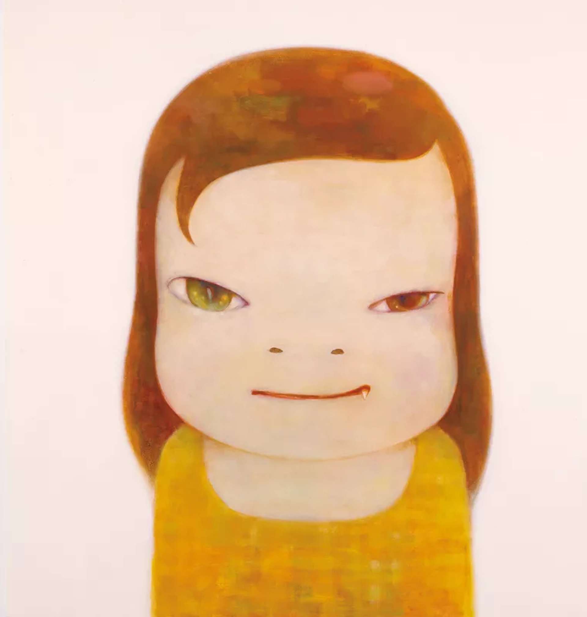 An image of one of Nara's works, showing a girl in a yellow dress staring at the viewer. She has a smirk on her face, out of the corner of which a fang slightly appears.
