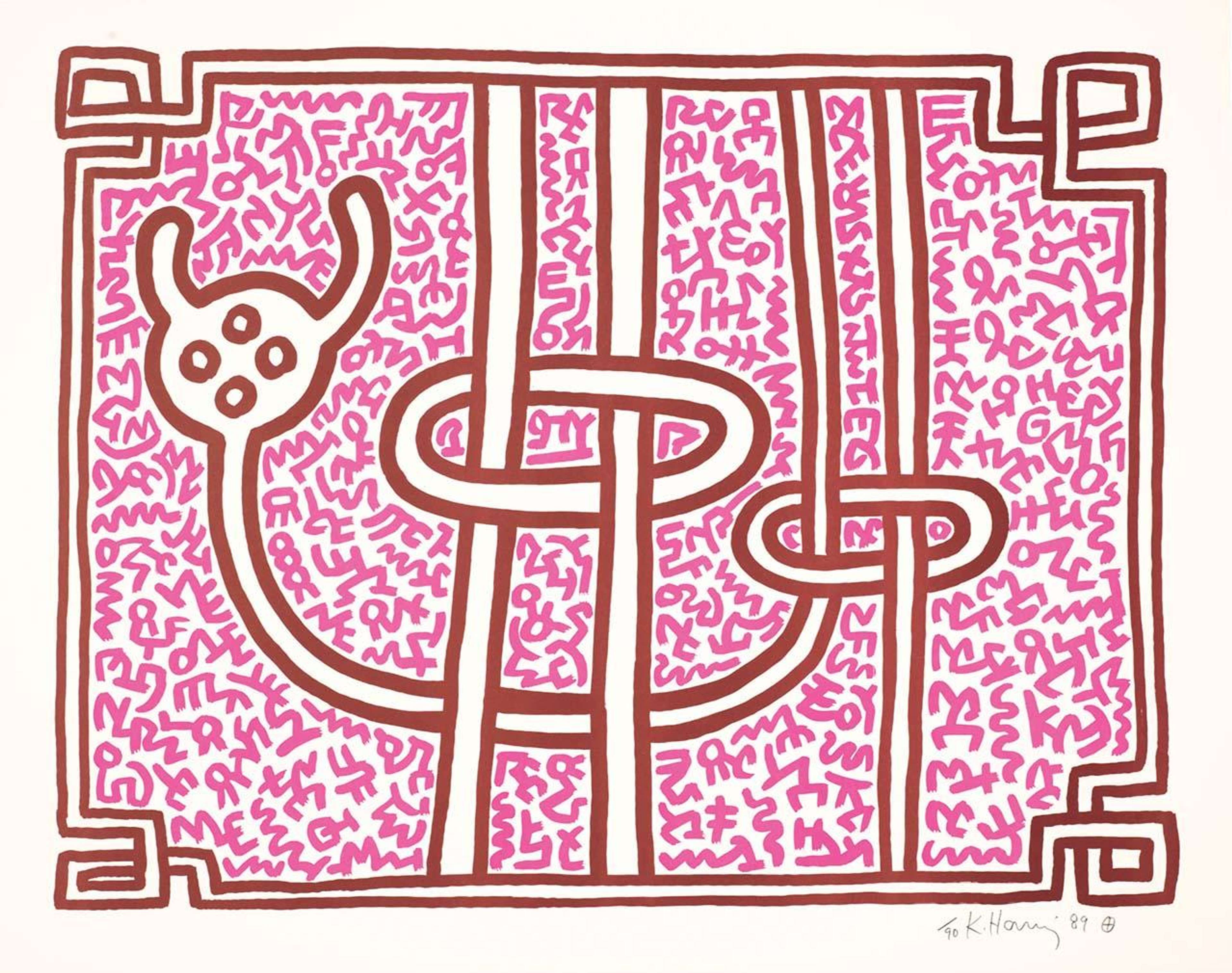 Keith Haring’s Chocolate Buddha 3. A Pop Art lithograph of an aboriginal inspired abstract figure against a pink patterned background.