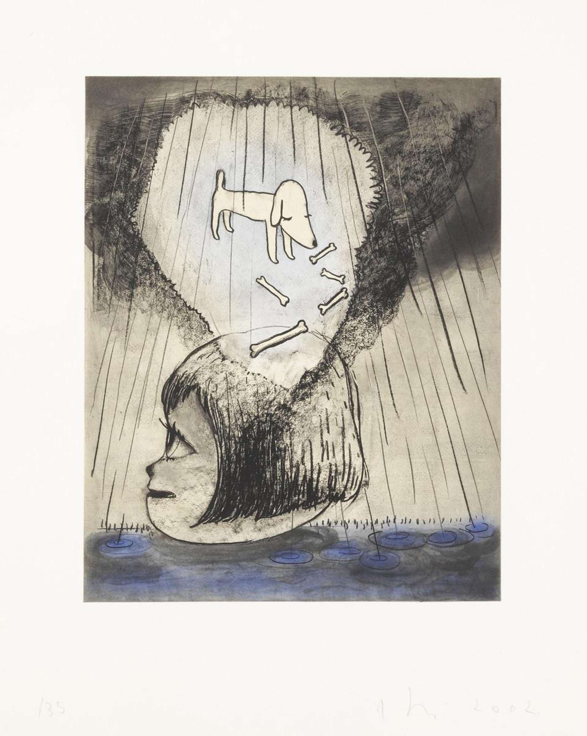 Yoshitomo Nara’s Rainy Day print, showing a large head in water, with a thought bubble and rain.