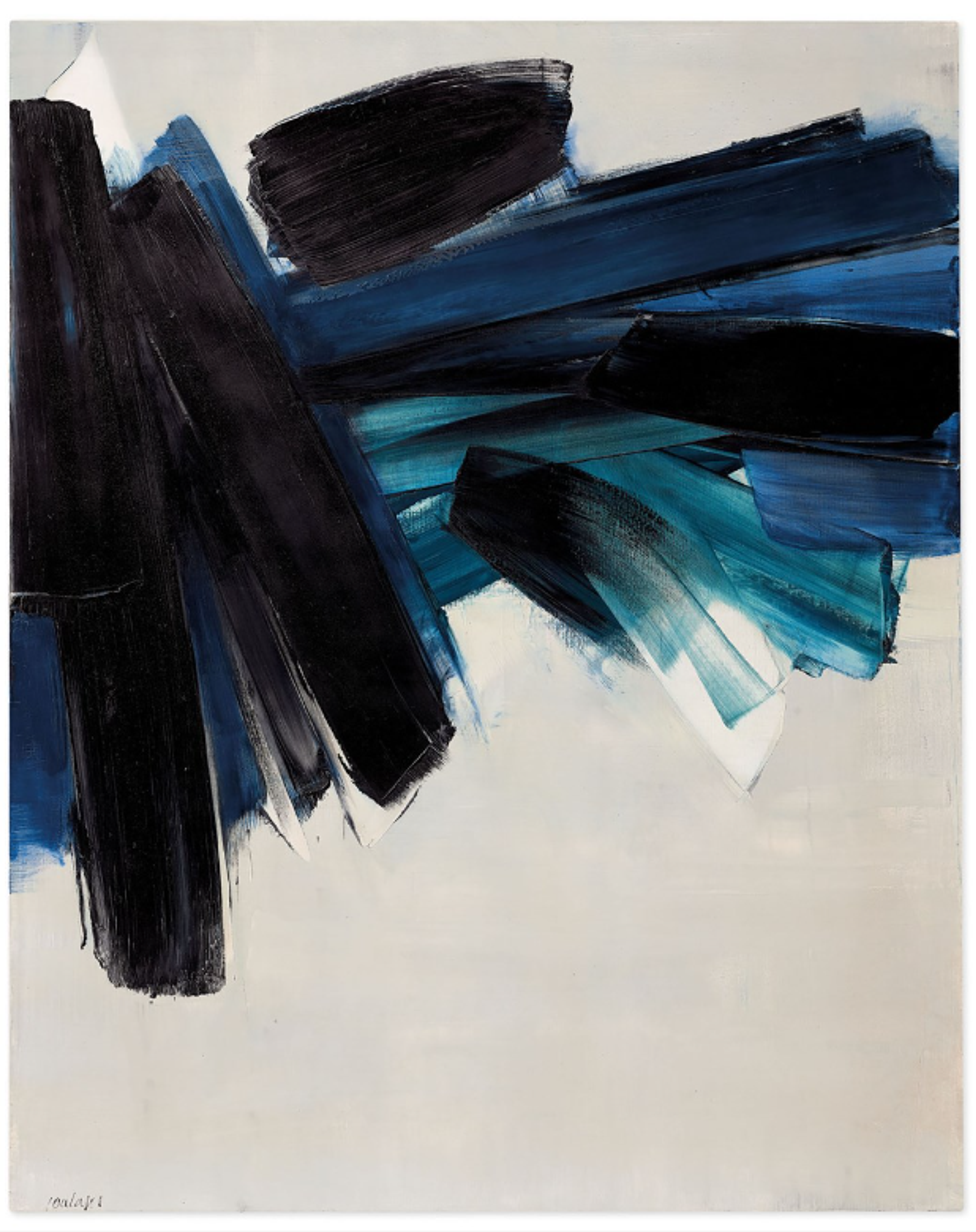 An abstract painting with bold black and deep blue brushstrokes layered against a pale background, with turquoise tones emerging through the overlapping paint, creating depth through the opaque and translucent layers.