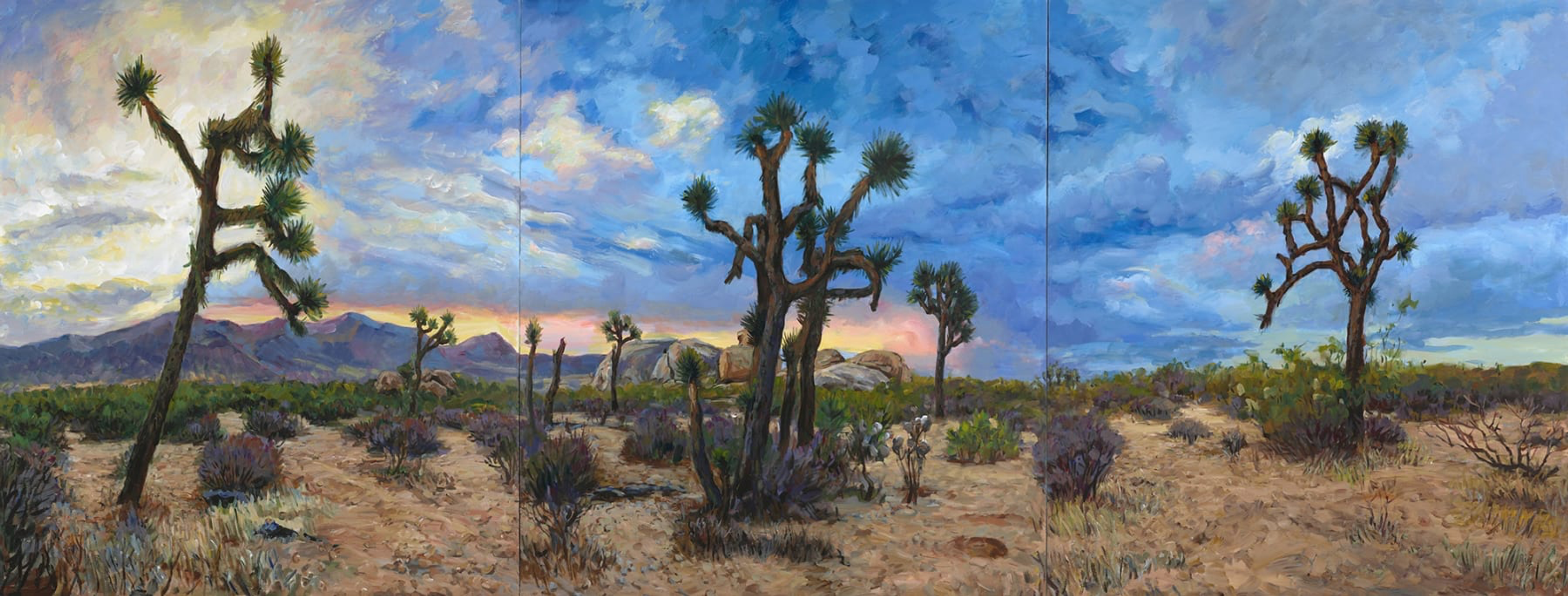 Three panels of a panoramic desert view of Joshua Tree California with multiple trees, mountains, and a blue sky with shades of yellow and orange emerging over the mountains. 