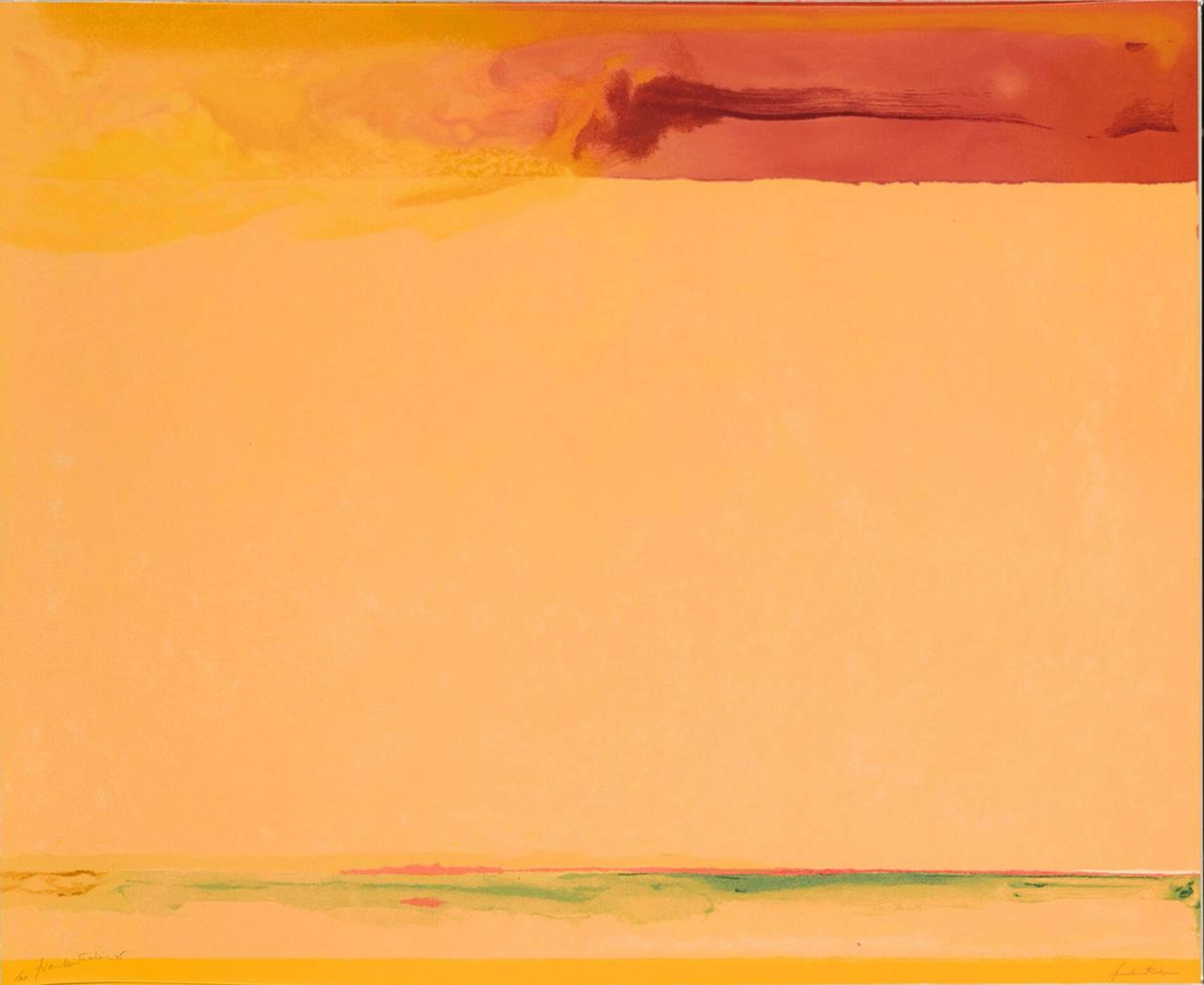 Helen Frankenthaler’s Southern Exposure. An abstract expressionist screenprint of a landscape using orange, red and yellow.