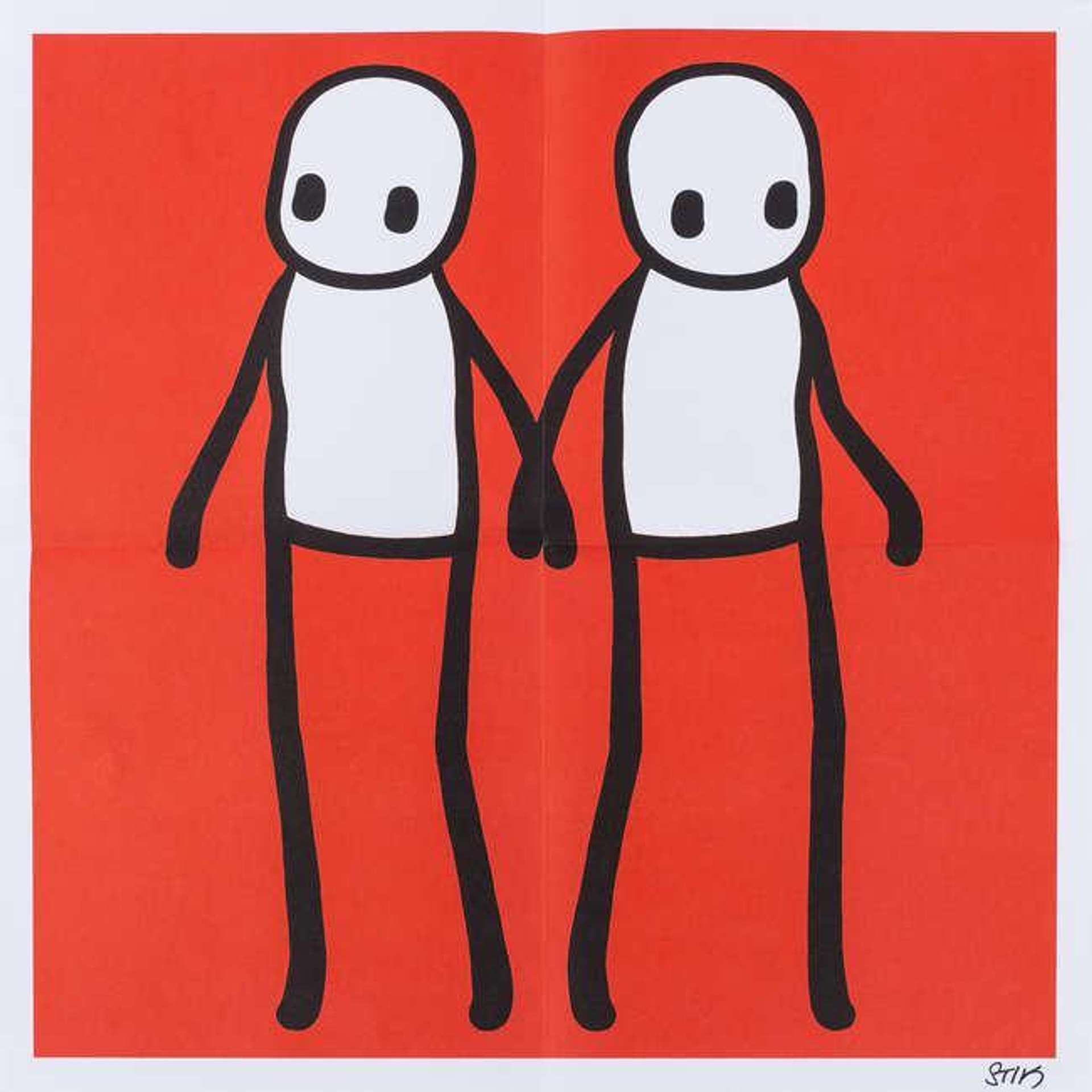 Large-scale image of two stick figures holding hands in front of a red background