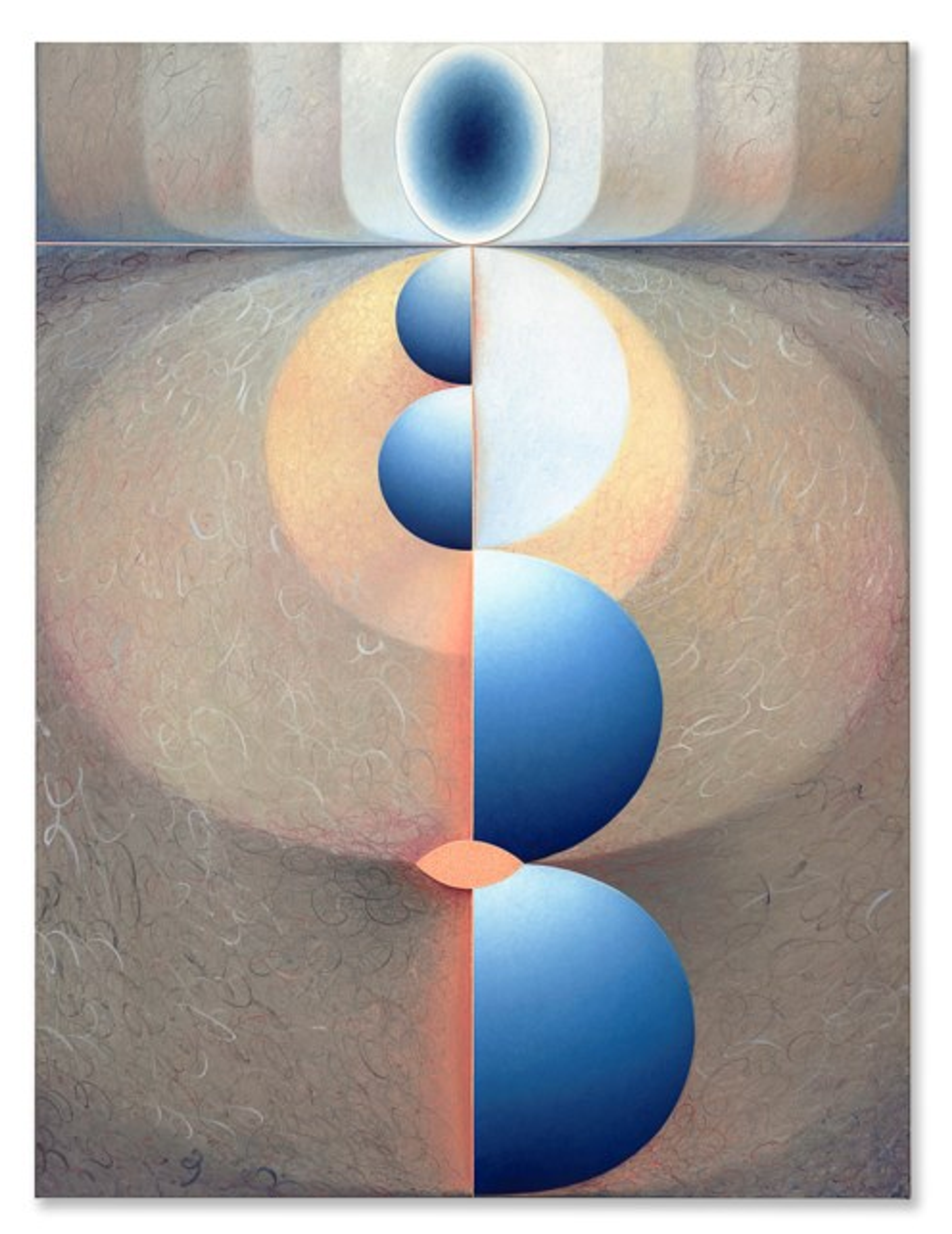 An abstract painting with a vertical arrangement of blue spherical forms bisected by a glowing orange line. The textured background features swirling beige and grey patterns and concentric semi-circles transitioning to soft light and shadow. 