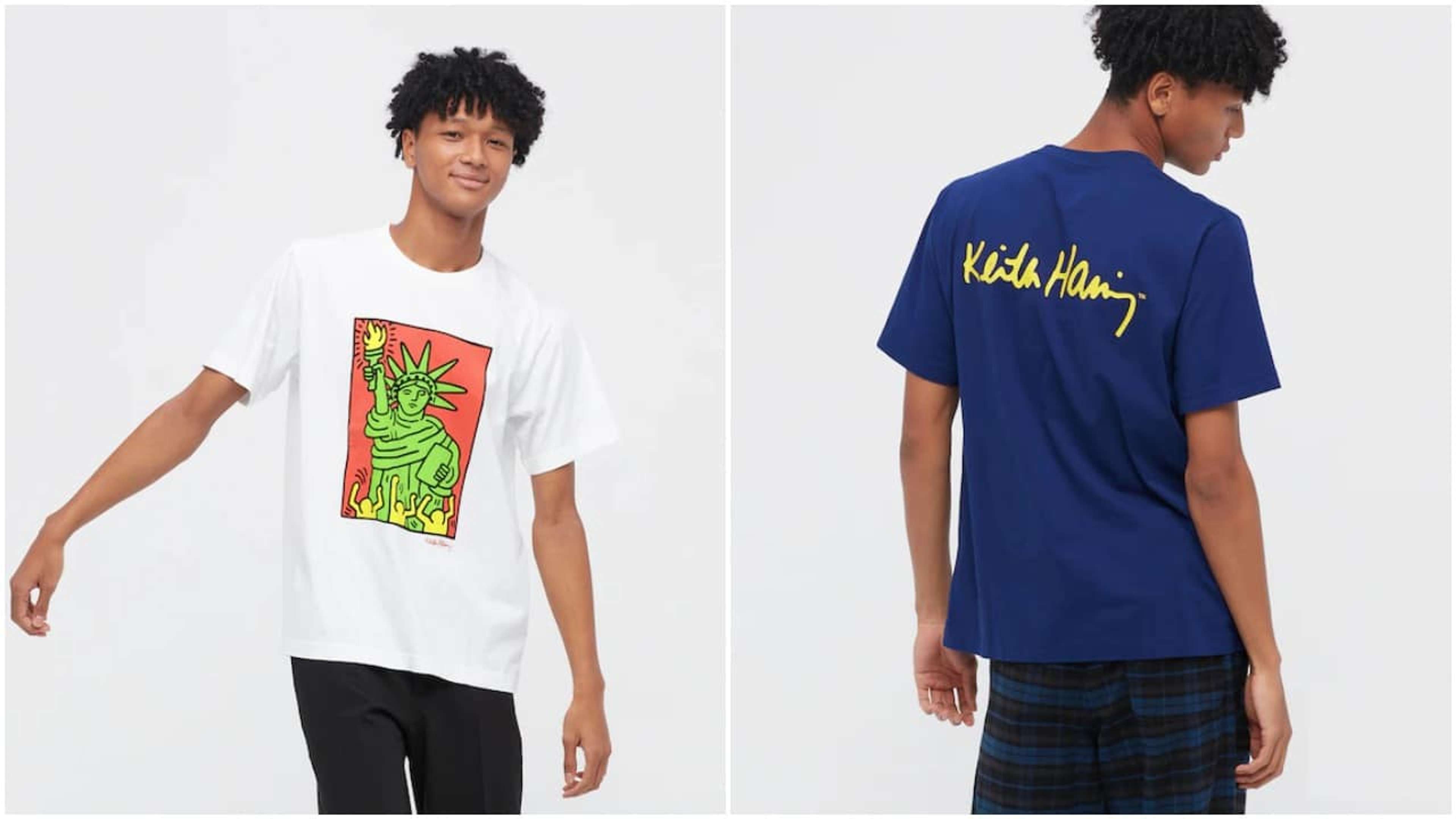 Two photographs of a model wearing two different styles of T-shirts from Uniqlo’s collaboration with Keith Haring’s estate