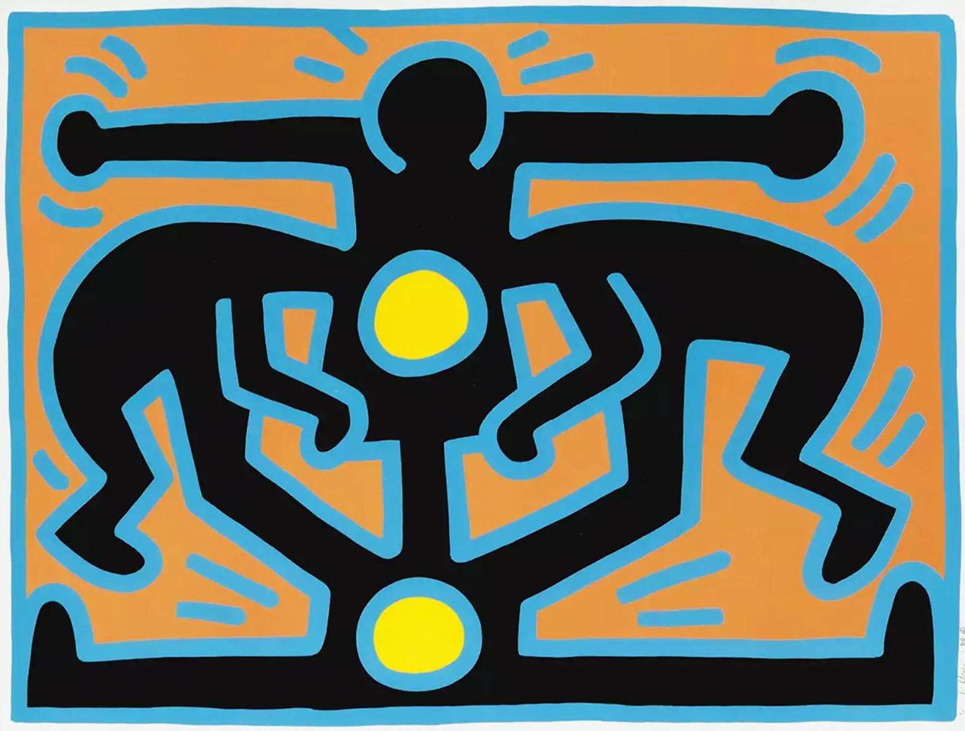 A Keith Haring screenprint featuring three genderless figures drawn in black, merging together through various body parts, symbolising unity and harmony.