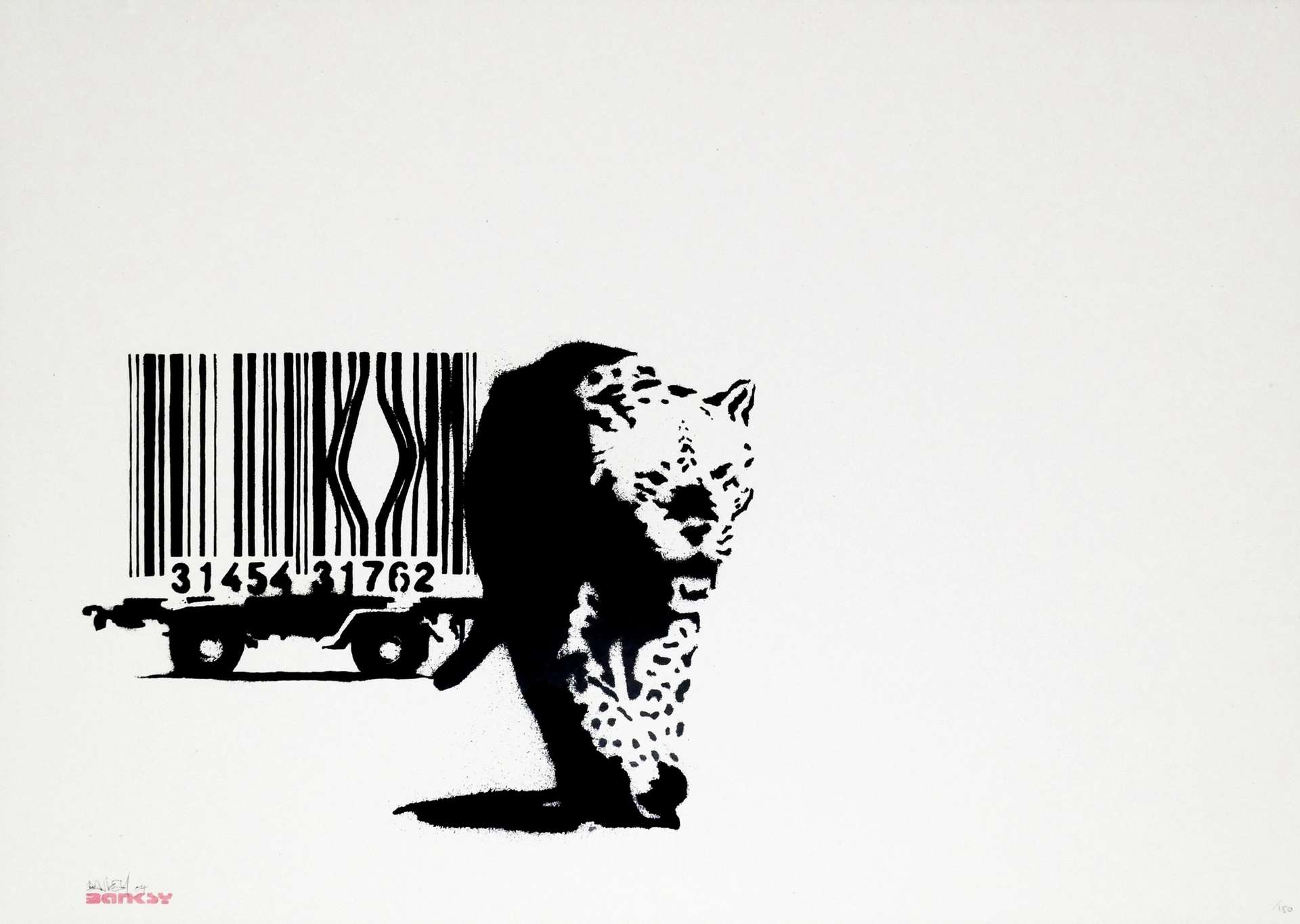 A screenprint in black and white by Banksy depicting a leopard prowling towards the viewer, emerging from a cage which is constructed from the lines of a barcode.