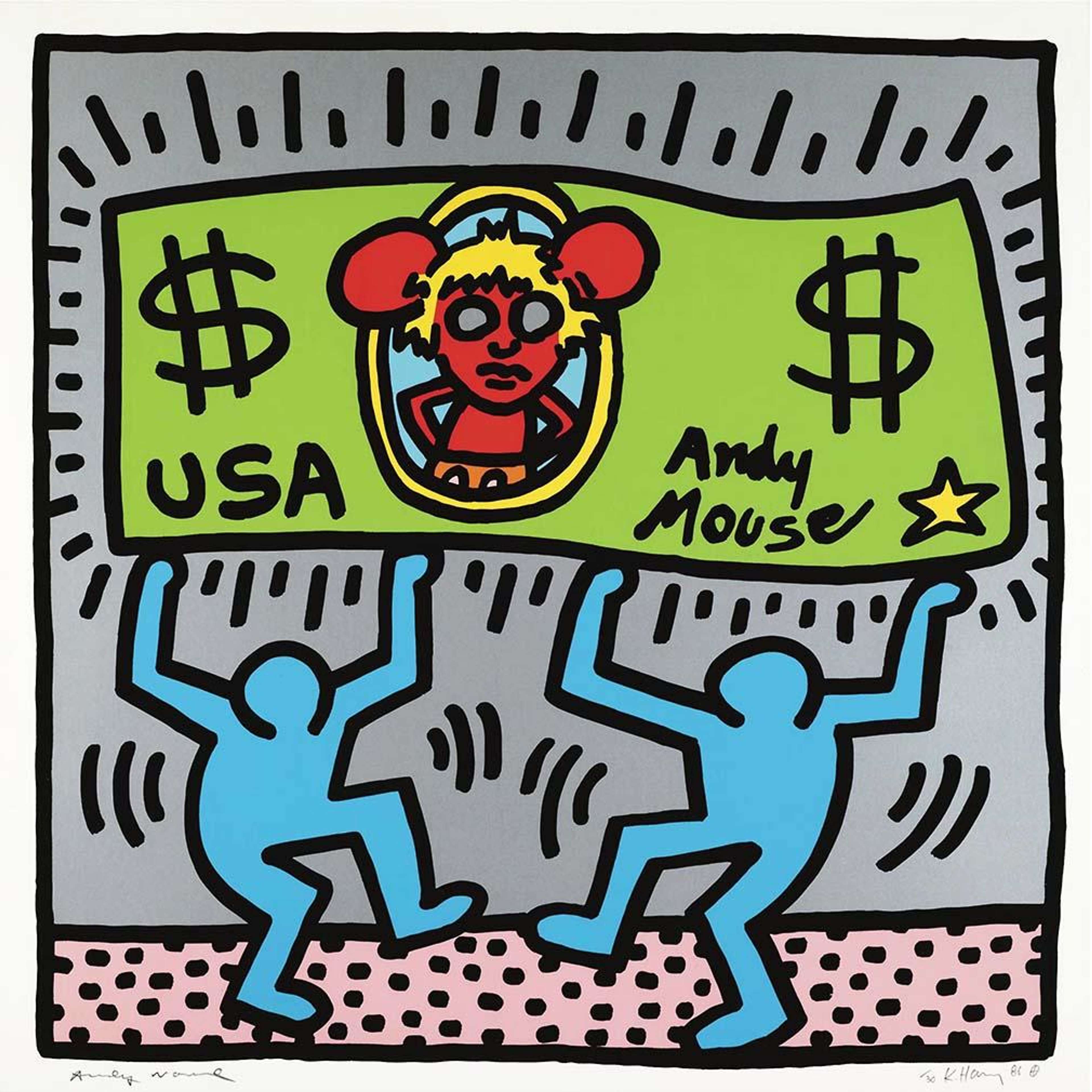  Keith Haring’s Andy Mouse 3. A Pop Art screenprint of Disney’s Mickey Mouse in the likeness of Andy Warhol on a dollar bill held up by two moving figures. 