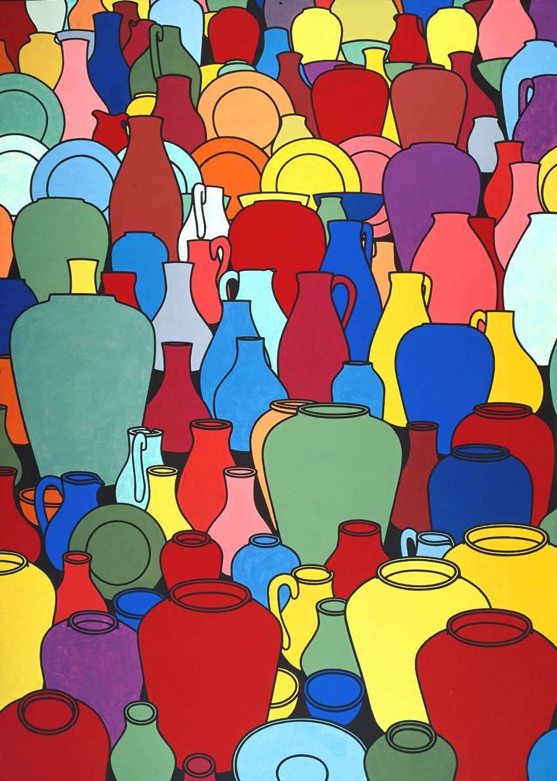"Pottery" by Patrick Caulfield: An artwork showing various sizes and shapes of pottery in solid colors. The colors are flat and there is no traditional perspective.